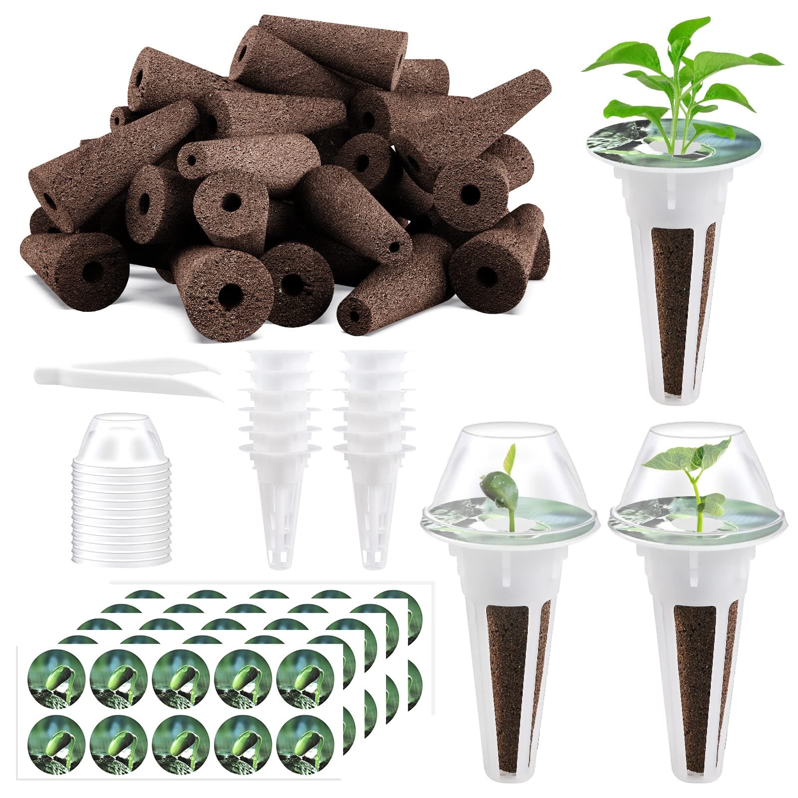 125 Piece Hydroponic Pods Kit: Grow Anything with 50 Grow Sponges, 12 Baskets, 12 Domes, 50 Labels, 1 Tweezer - Compatible with All Hydroponics Brands