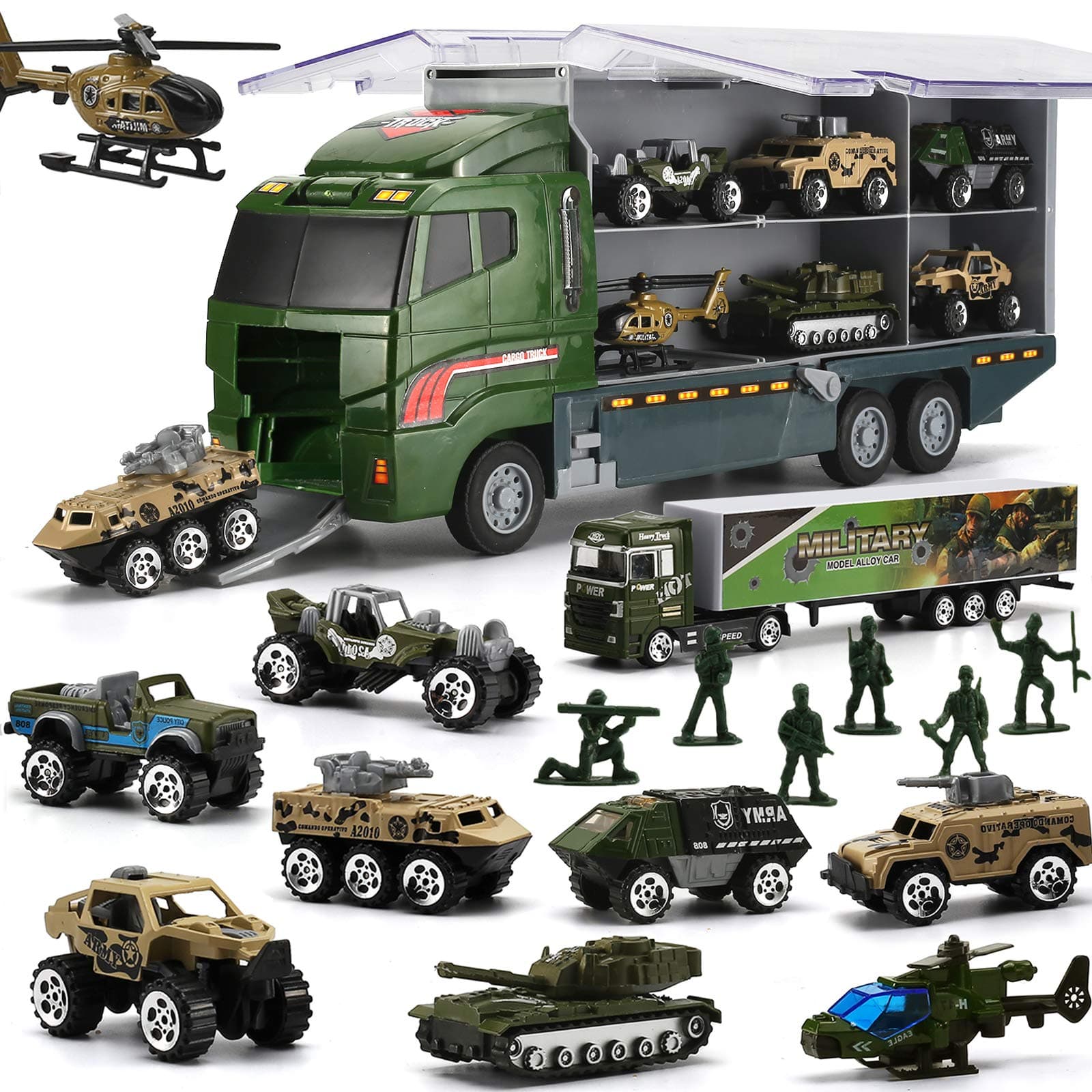 Byonebye 26 Pcs Military Truck with Soldier Men Set(2 in 1), Mini Die-cast Battle Car in Carrier Truck, Army Toy Double Side Transport Vehicle for Kid Child Girl Boy Play Birthday Party Favors
