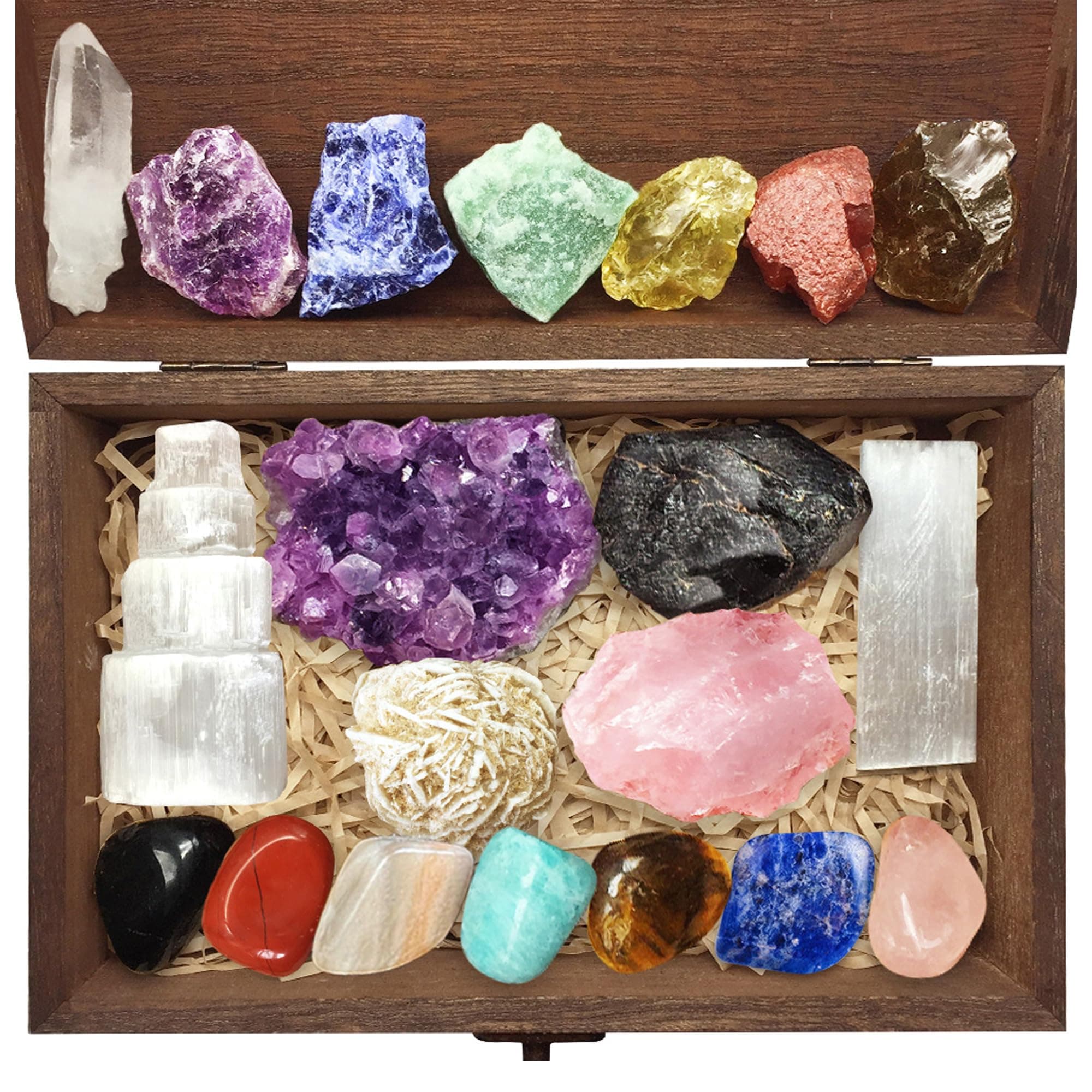 Premium Crystals And Healing Stones Set In Wooden Box For Beginners - Chakra Raw Amethyst Cluster Rose Quartz E-Book Crystal Gifts Women