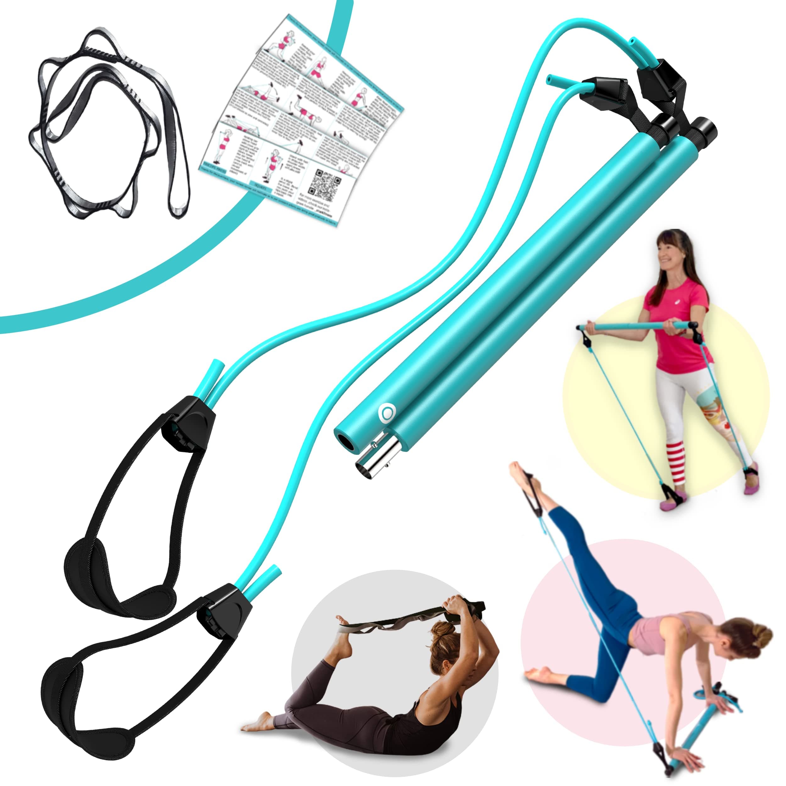 FlexiesPortable Pilates Bar kit with Free 8-Loop Stretch Band, Workout Videos & Exercise Manual + Posture Alignment Guide, Meal & Workout Planner (E-Book)|Adjustable Resistance & Length Stick