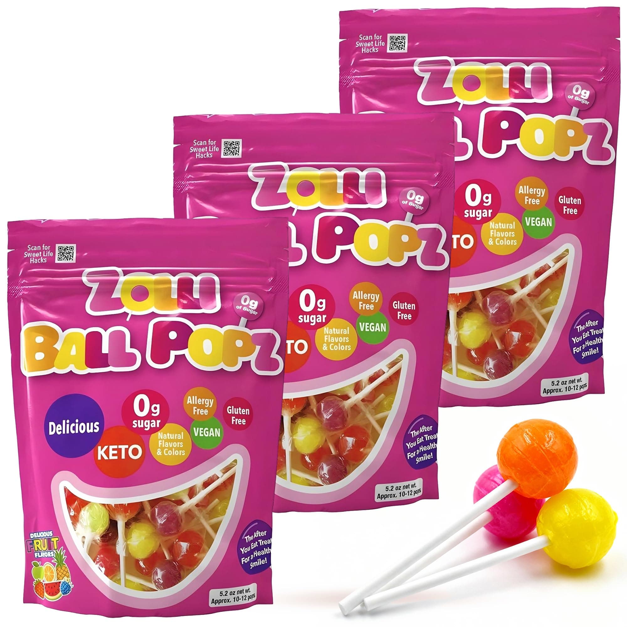 Zollipops Ball Popz Clean Teeth Sugar Free Candy - Dye-Free, Keto & Diabetic-Friendly, Dentist-Approved Treats for Kids (Natural Fruit Flavors, 5.2 oz, Pack of 3)