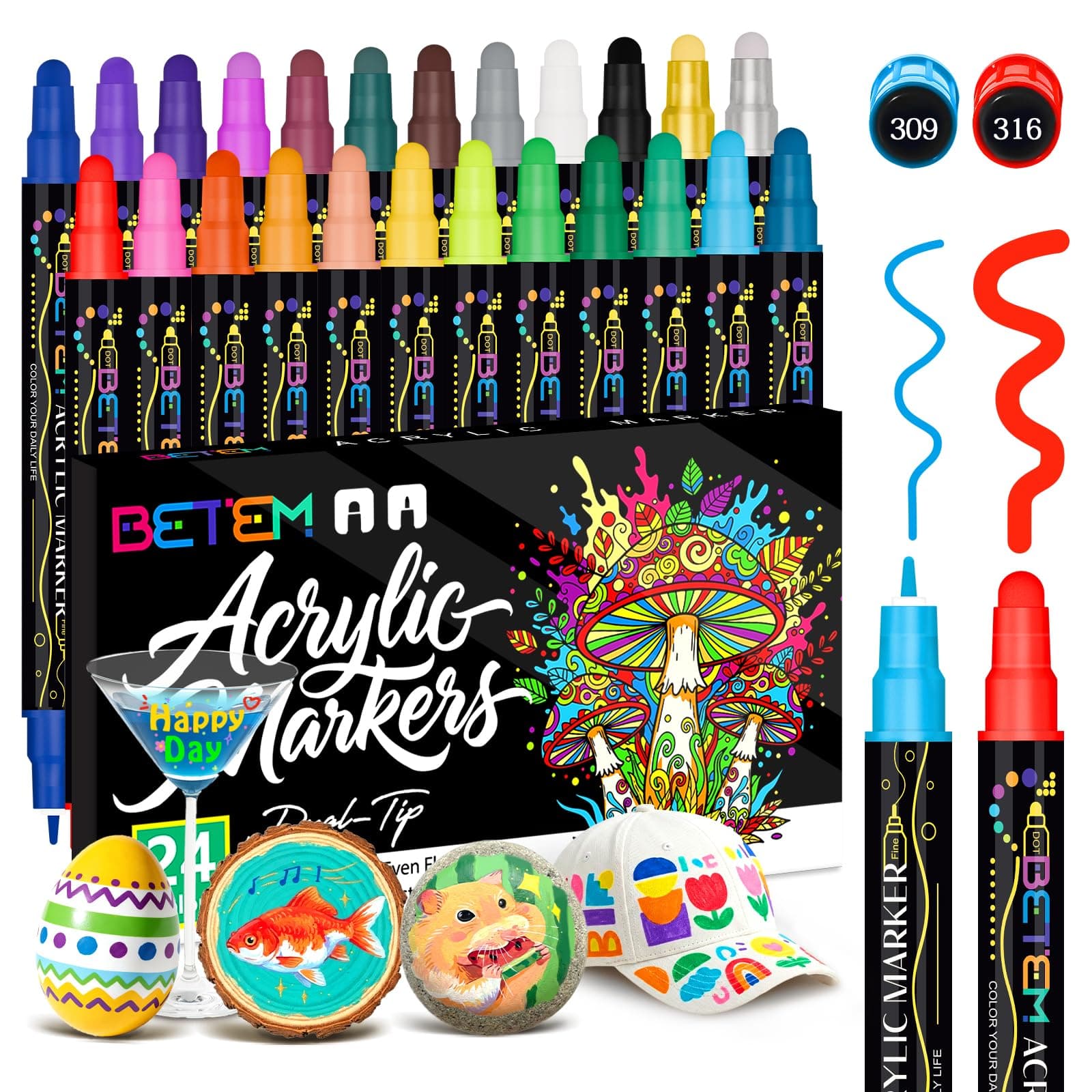 Betem 24 Colors Dual Tip Acrylic Paint Pens Markers, Fabric Decorating Kits Premium Water-Based Acrylic Paint Markers for Fabric, Rock, Wood, Glass, Eggs, Canvas, Ceramic, Easter Basket Stuffers