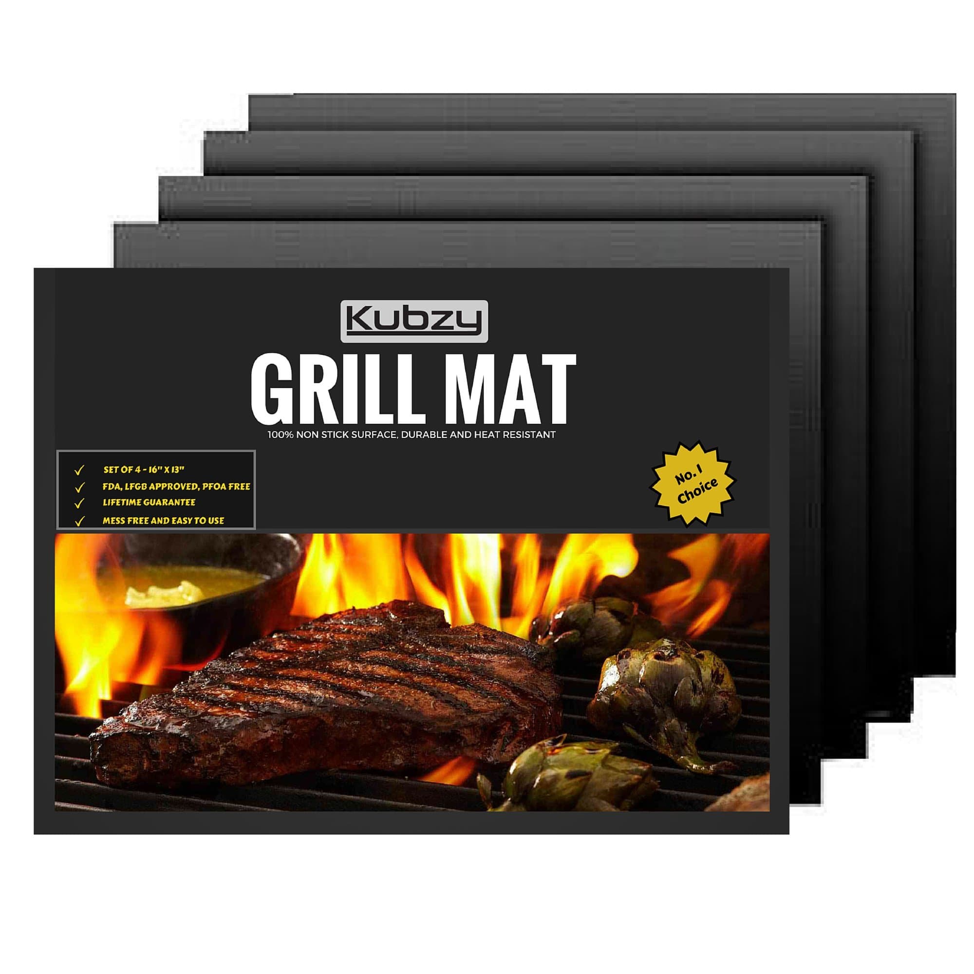 Kubzy BBQ Grill Mat Set of 4 16" x 13" Non-Stick, Durable, Heat Resistant - Perfect for Barbecue, Grilling, Oven, Cooking, and Baking