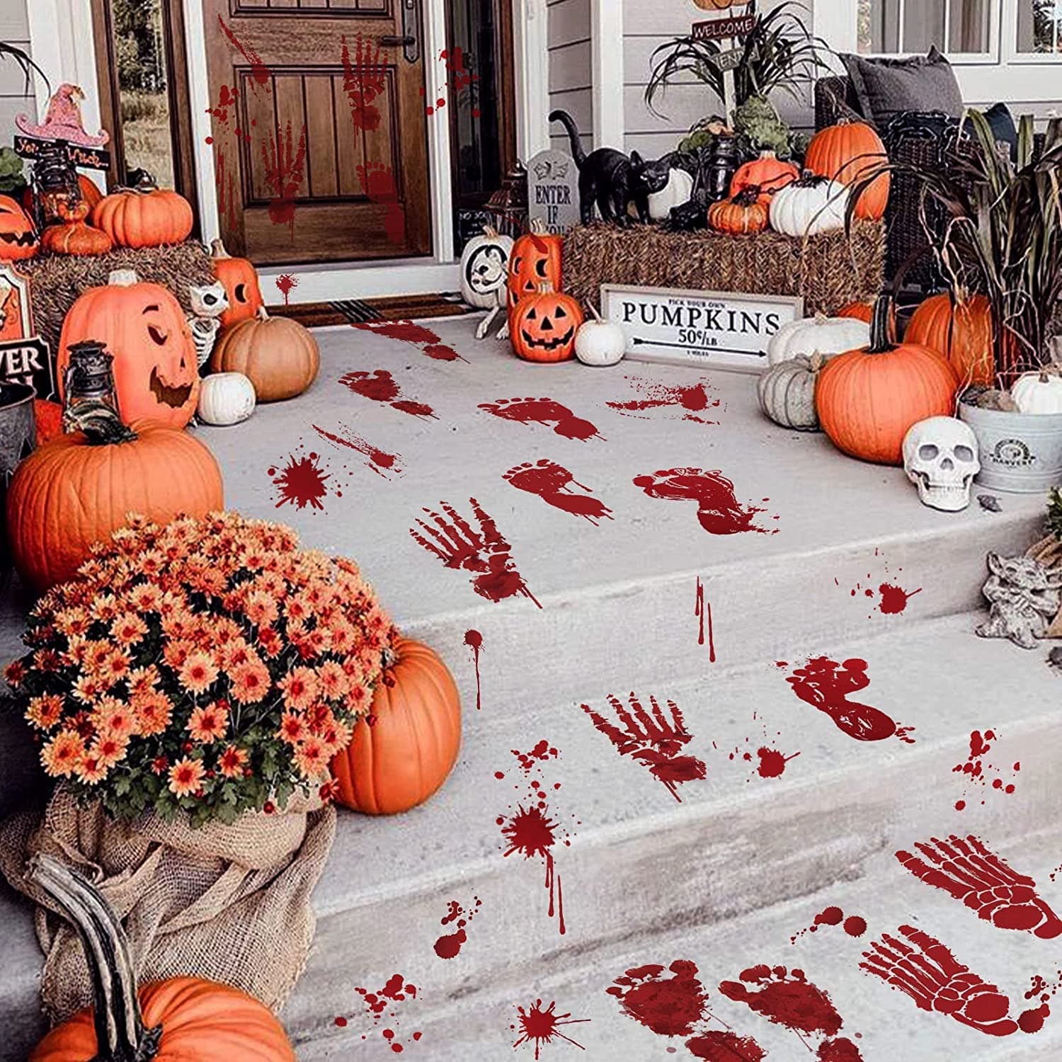 MUMOO BEAR Halloween Decorations Bloody Handprint and Footprint Stickers Bloody Halloween Party Supplies Scary Party Decoration Set (8 Sheets Bloody Stickers)