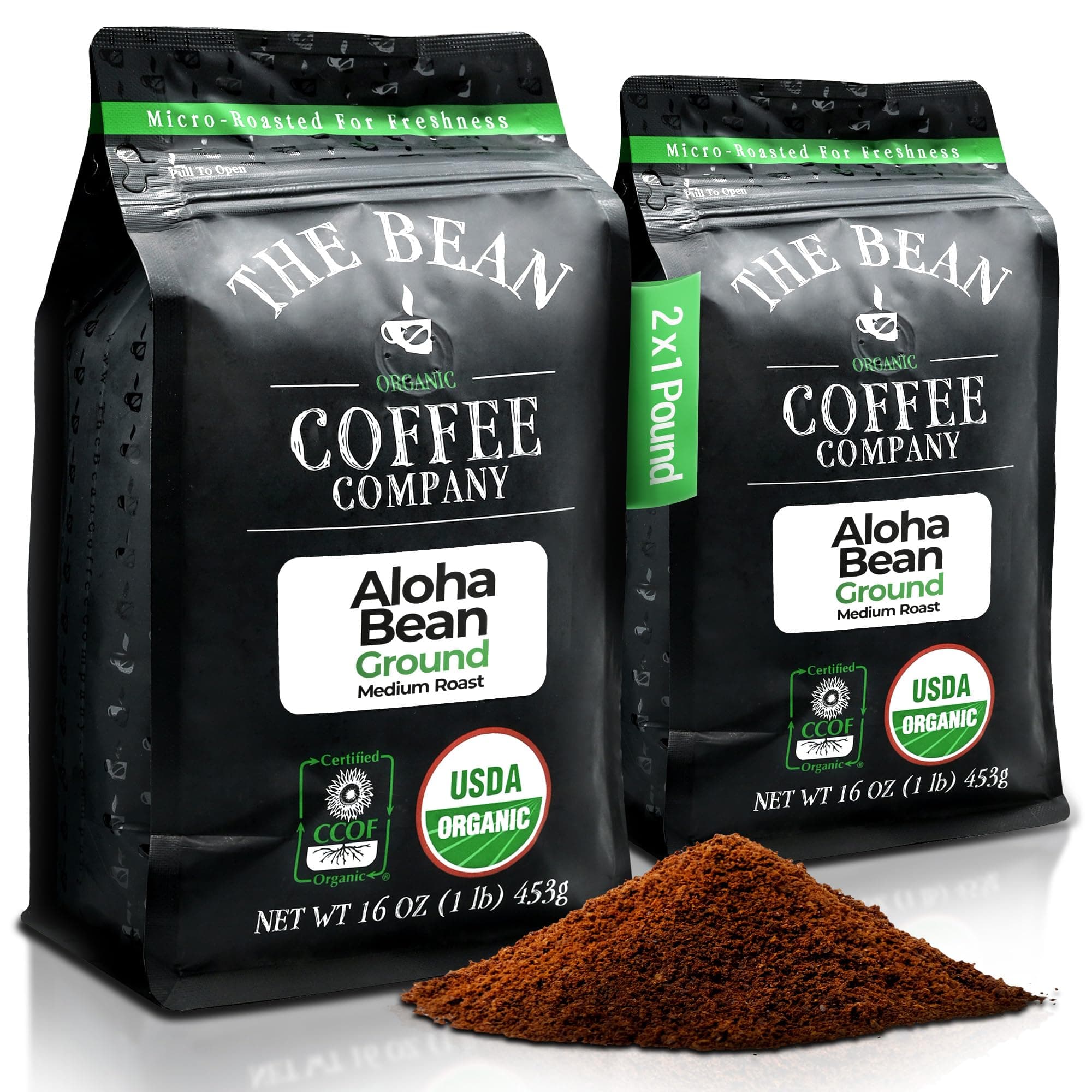 The Bean Organic Coffee Company Aloha Bean (Hawaiian Hazelnut), Medium Roast, Ground Coffee, 16-Ounce Bags (Pack of 2),Café molido tostado organico