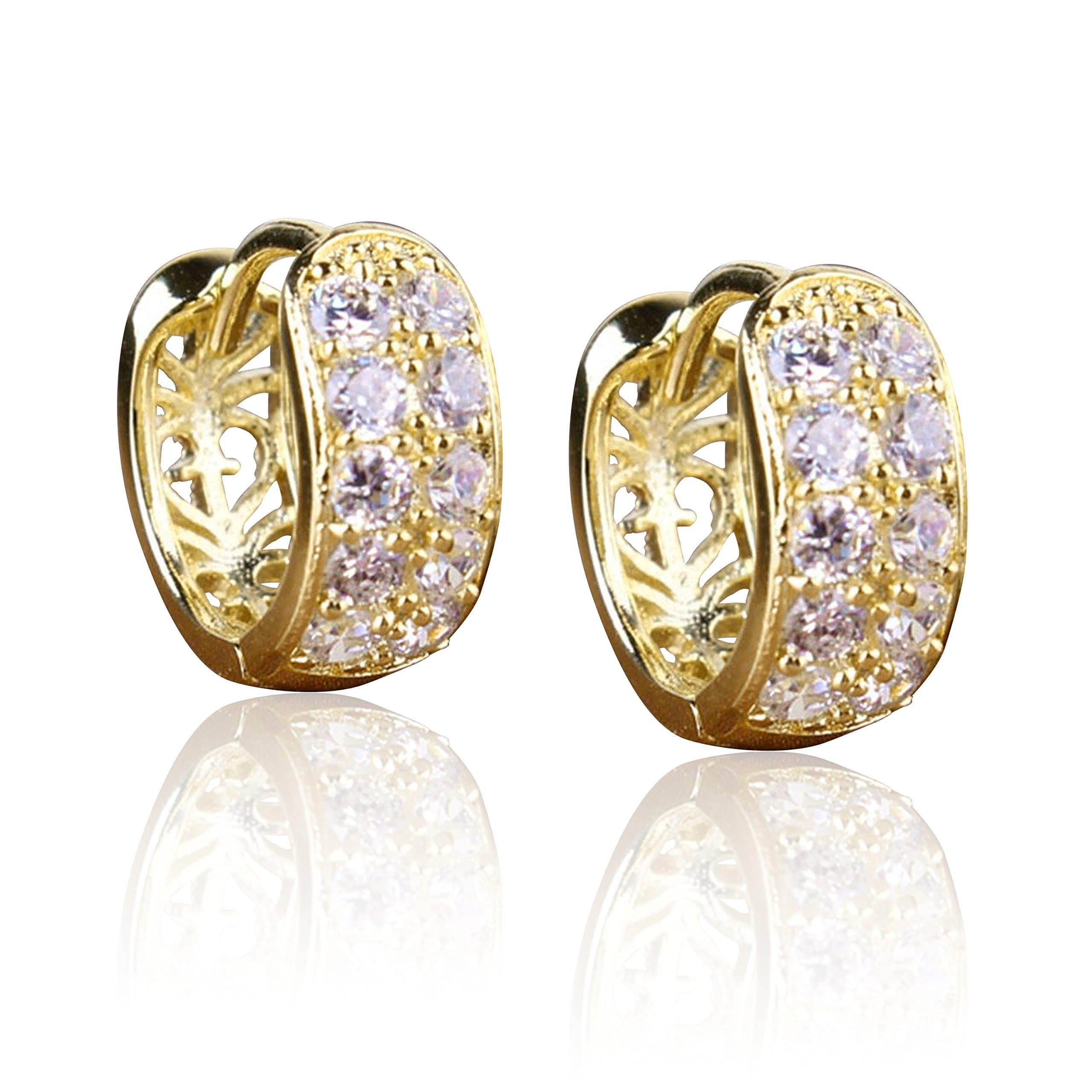 LEO BON Womens Gold Plated Hoop Earrings Huggie Loop Earrings Hollow Out Flower Crystal 18k Gold 925 Sterling Silver Earnuts