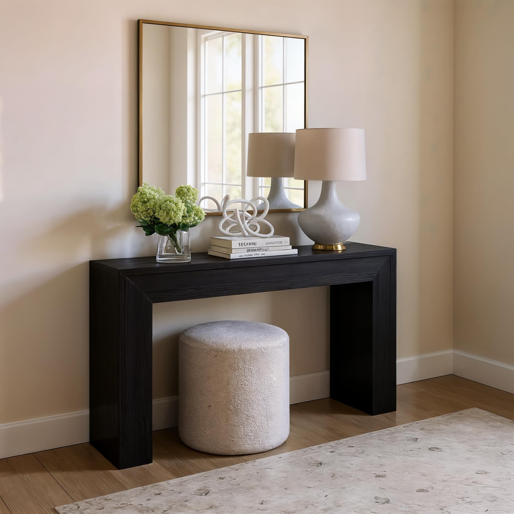 Plank+Beam Grand Console Table, 56 Inch Solid Wood Modern Sofa Table, Narrow Entryway Table for Hallway, Behind The Couch, Living Room, Foyer, Black Wirebrush