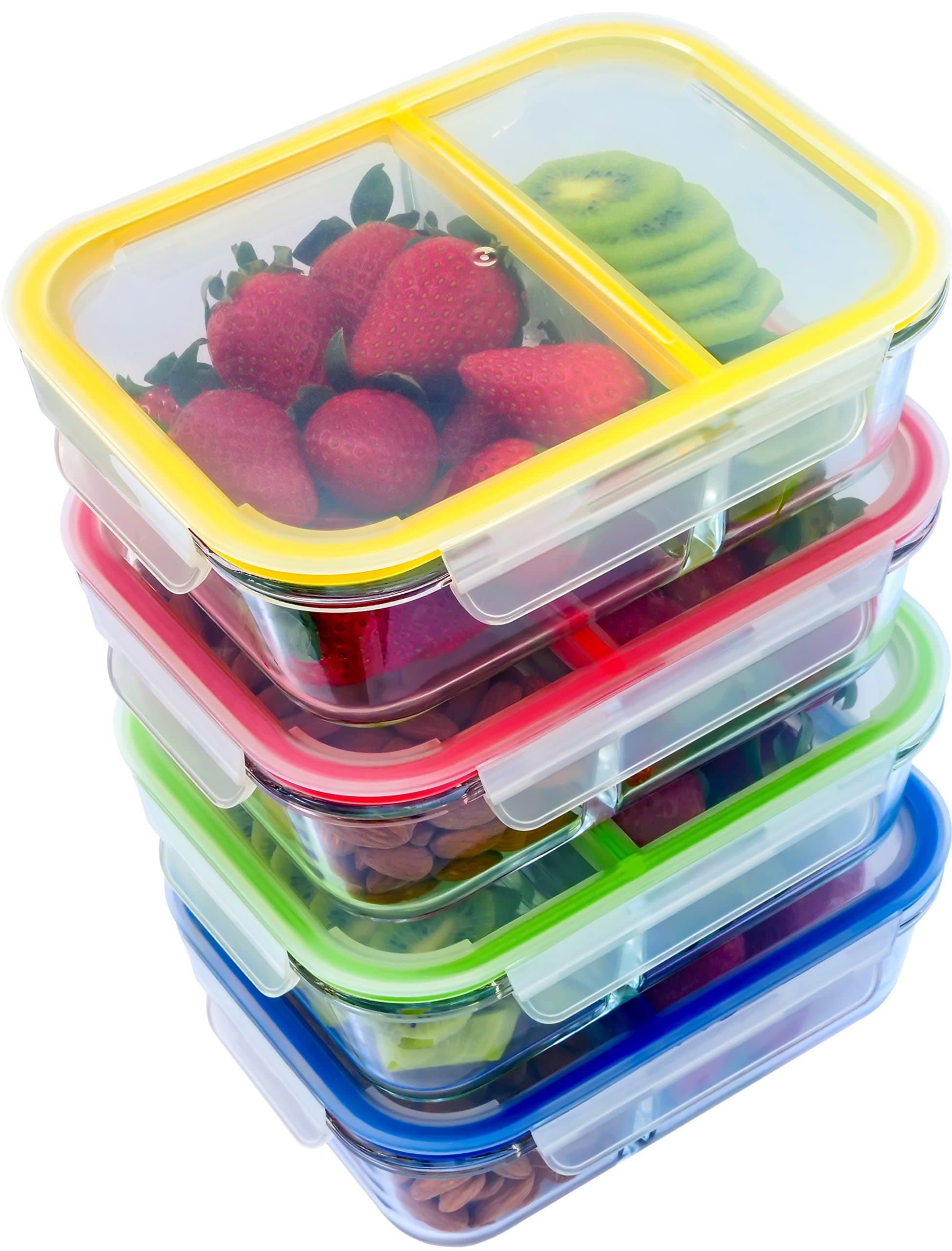Glass Meal Prep Containers - 4-Pack 2 Compartment Food Storage Containers with Divider to The Top, 1040ml Includes Leak Proof Sauce Cups and Label Set | Microwave, Freezer, Oven & Dishwasher Safe
