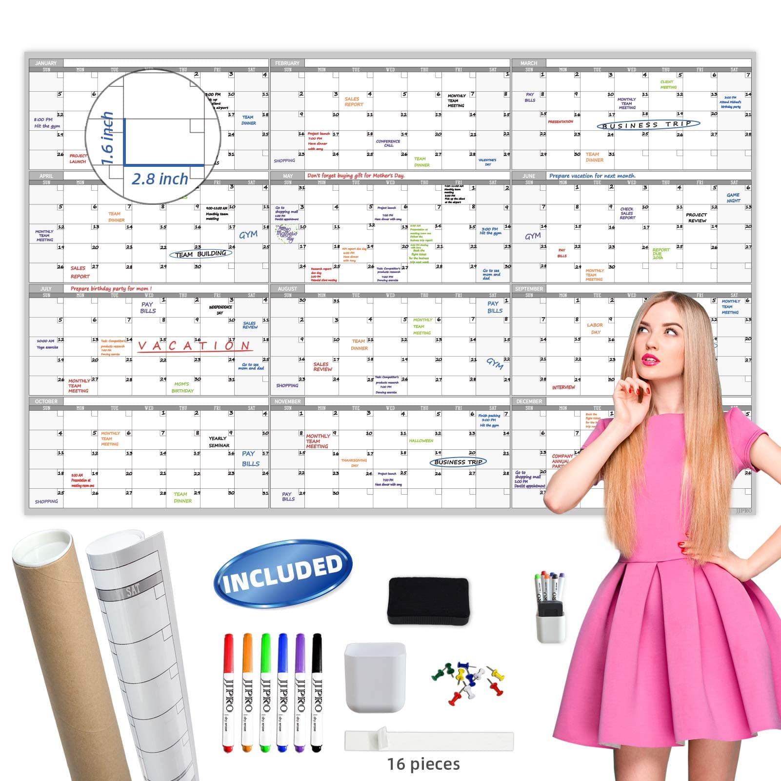 Large Dry Erase Wall Calendar - 60“ x 38" Undated Blank Yearly Planner - Giant Whiteboard 12 Month Poster - Premium Laminated Calendar for Classroom, Office, Project & Family Schedule