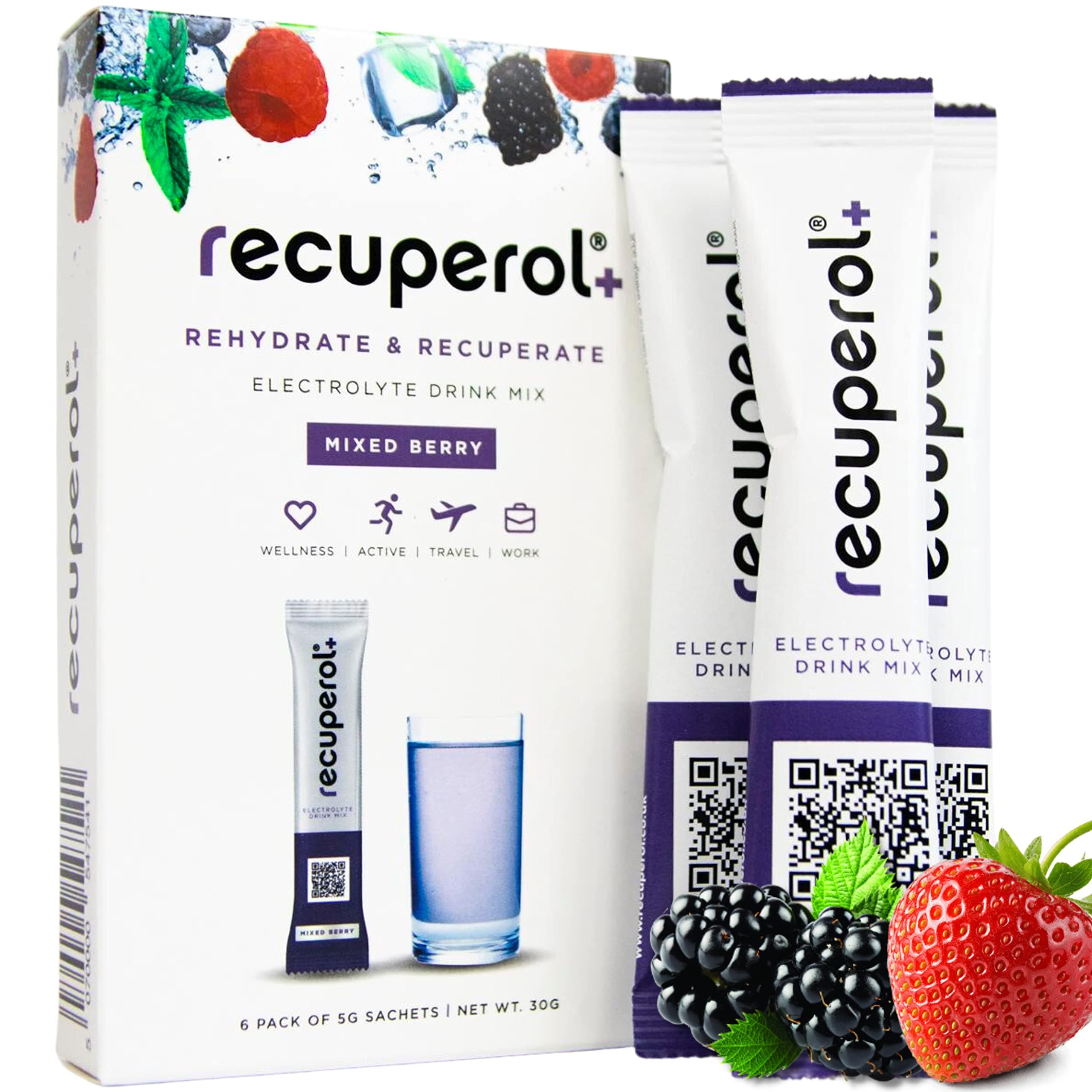 Recuperol Electrolytes Sachets - Rehydration Electrolytes Powder with Zinc, Vitamin C, B12, D3 & Potassium for Hydration - Sugar Free, Vegan & Low Calorie - Mixed Berry 6 Pack