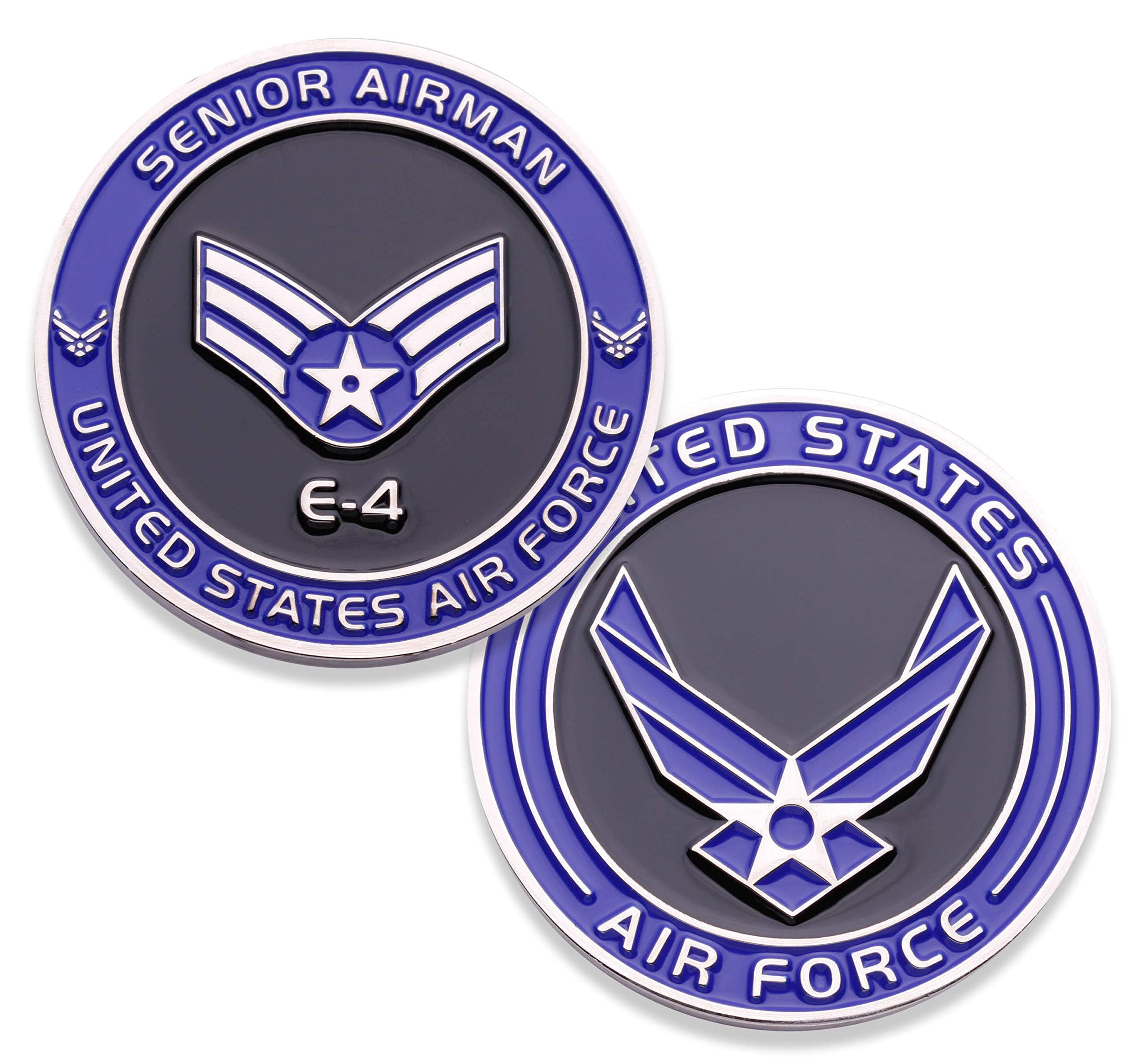 Air Force Senior Airman E4 Challenge Coin! United States Air Force Senior Airman Rank Military Coin. E-4 USAF Challenge Coin! Designed by Military Veterans - Officially Licensed Product!