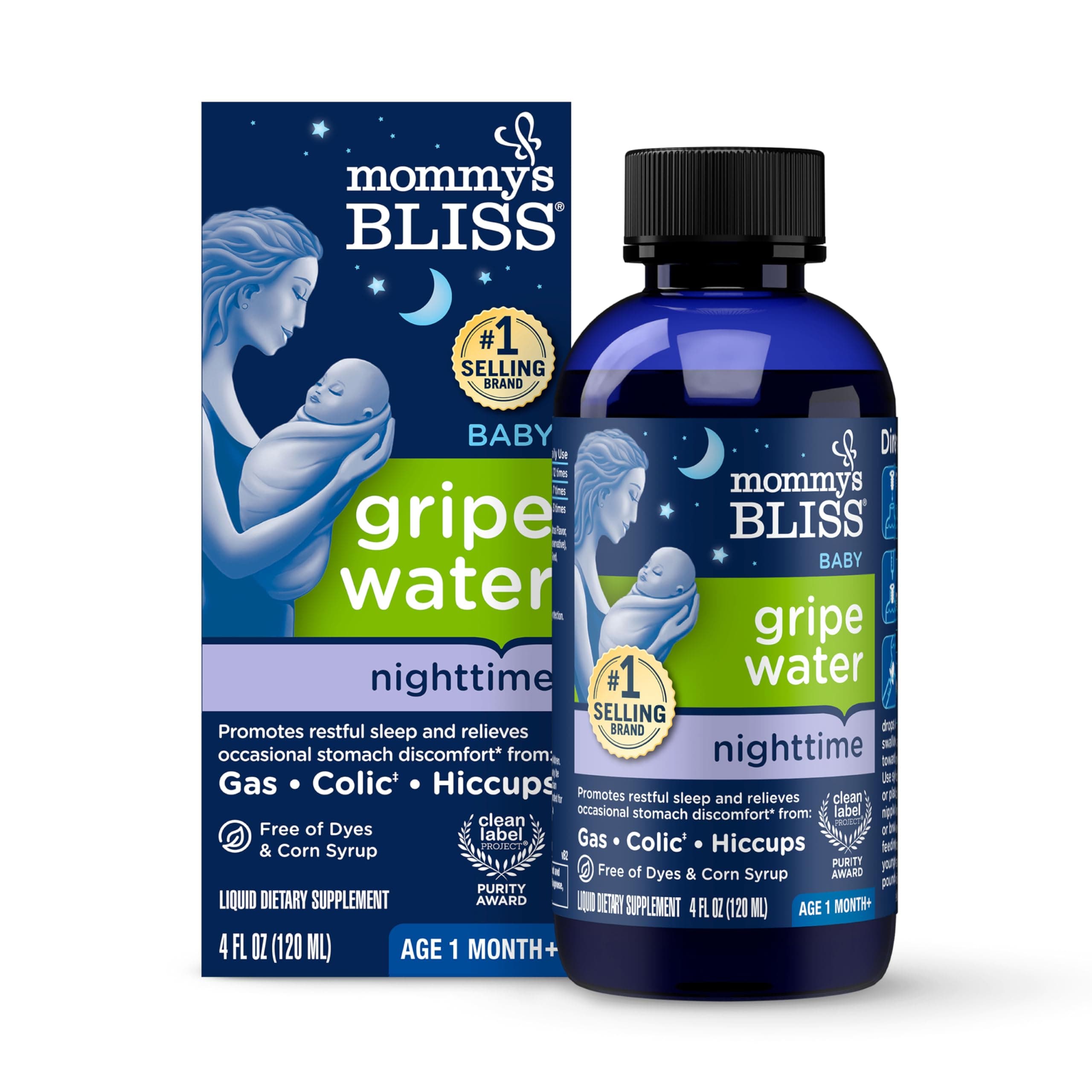 Mommy's Bliss, Bottle, Mommy's Bliss Night Time Gripe Water for Baby's Tummy Trouble - Relieves Occasional Infant Stomach Discomfort from Gas, Colic, Fussiness, Hiccups , 4 Fl Oz
