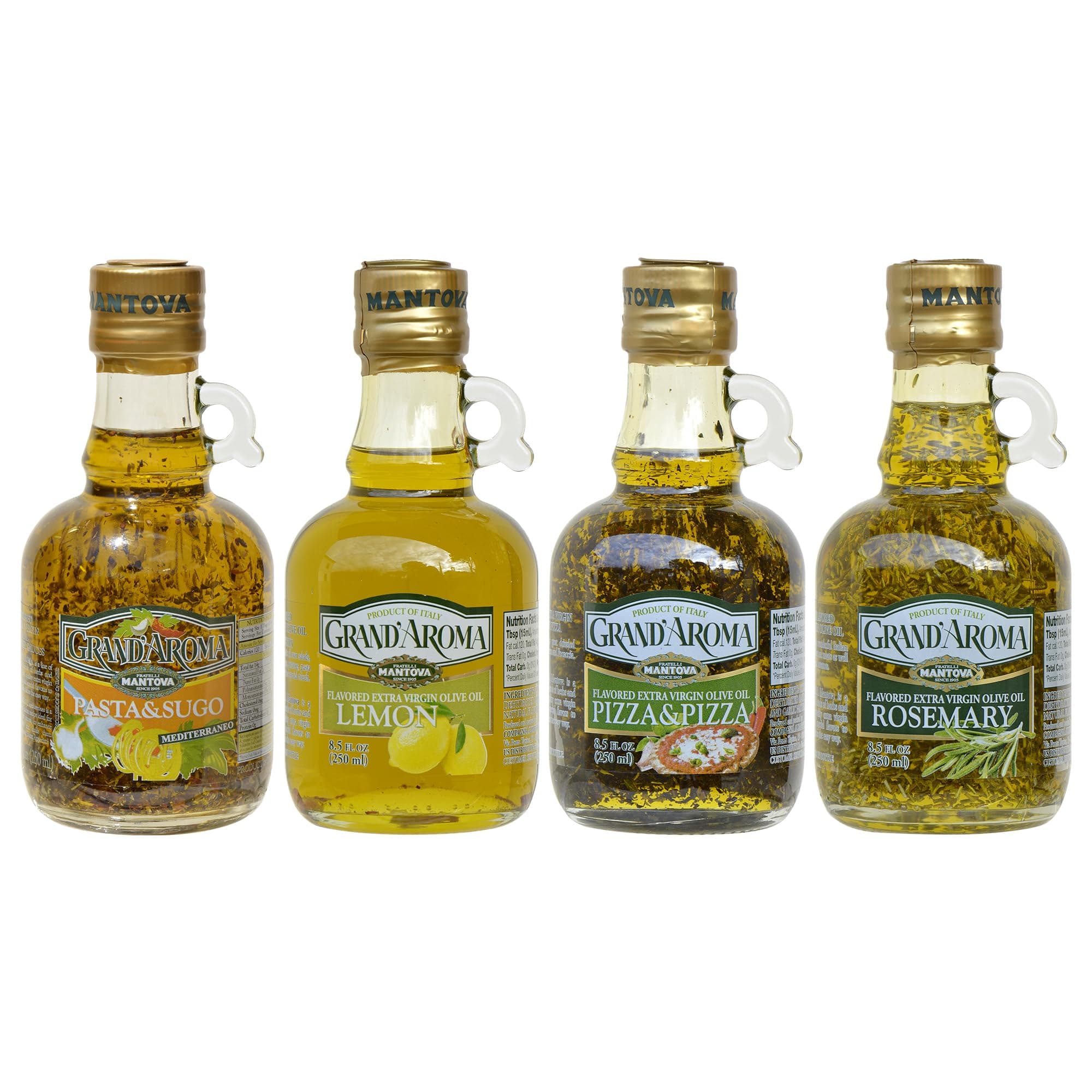 Grand'Aroma Flavored Extra Virgin Olive Oils, Variety Gift Set, 8.5 Oz Bottles, Pasta & Sugo, Pizza & Pizza, Rosemary, Lemon, Made in Italy (Pack of 4)