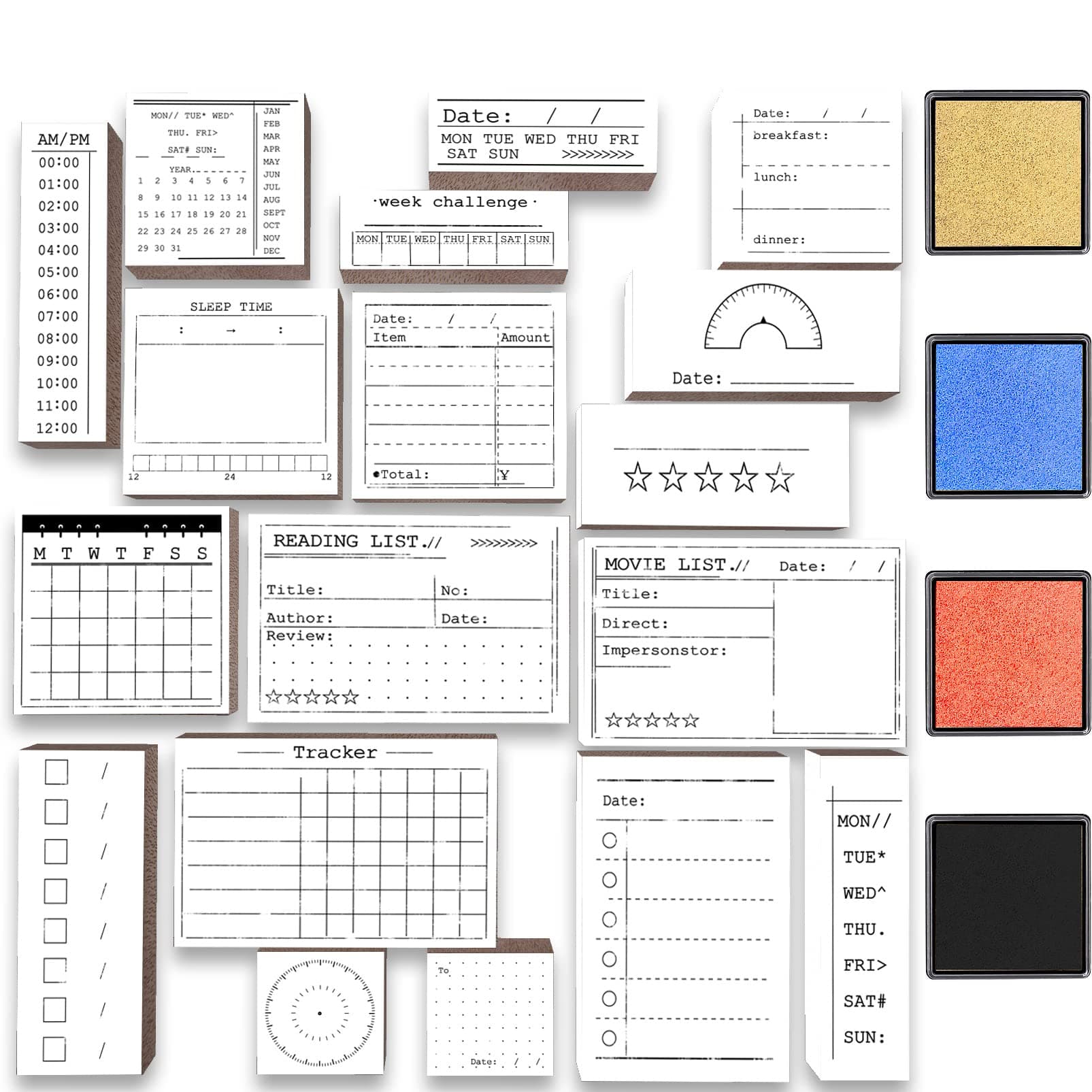 Rancco 18 Pcs Journal Stamps w/Ink Pad, 4 Set Bujo Stamp Calendar Planner Stencil for Journal DIY, to Do List, Tasks, Month Week Dates Organizer, Scrapbooking Craft, Enhance and Simplify Your Planner