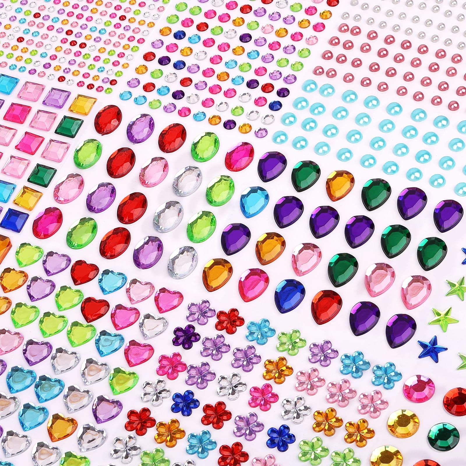 Gem Stickers, 1782pcs Sticky Gems for Crafting, Stick on Gems Jewel Stickers Self-Adhesive Rhinestone for Kids Crafts, Nail Art, Scrapbooking Deco, 14 Sheets