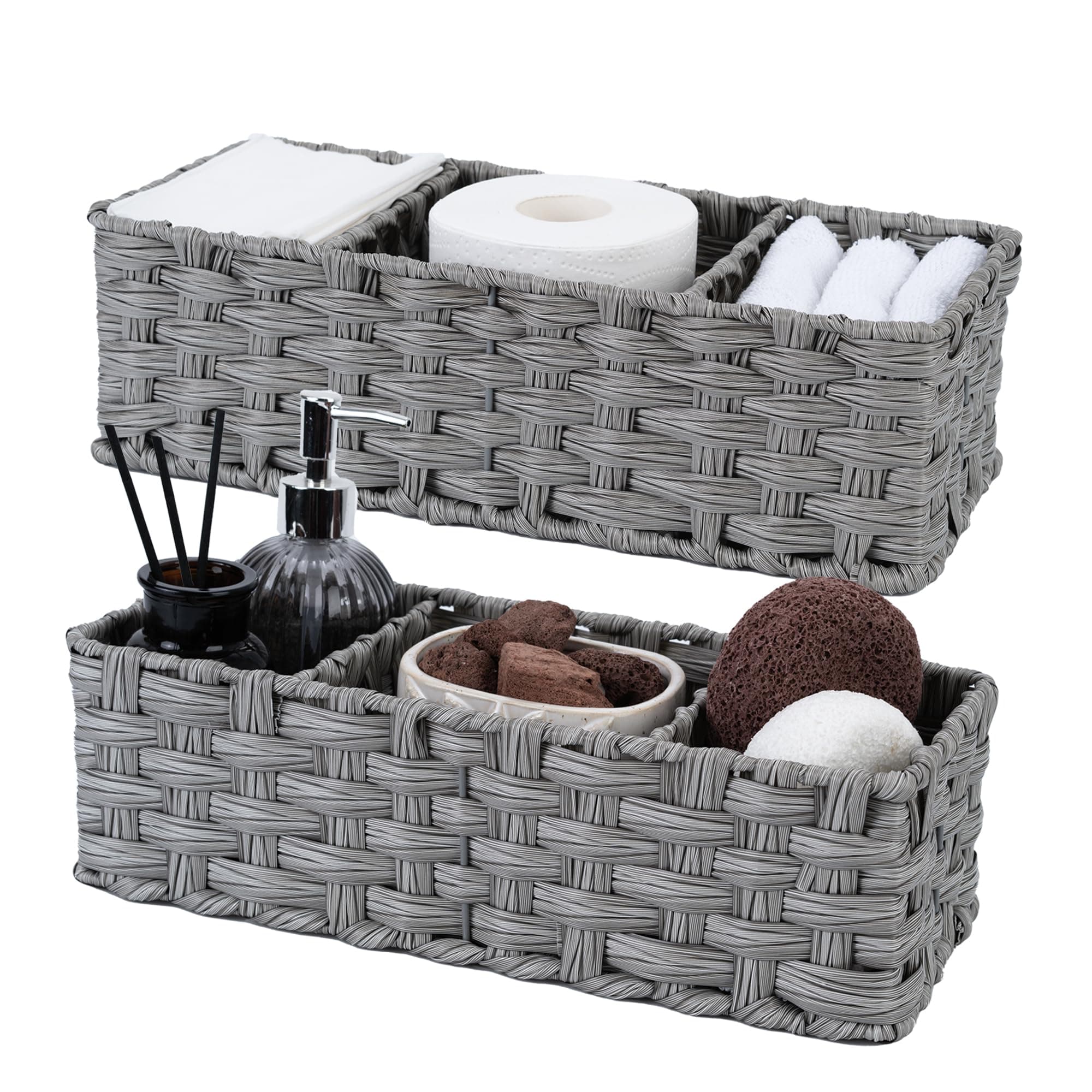 GRANNY SAYS Toilet Tray Tank Topper, Wicker Baskets for Storage, Set of 2 Waterproof Bathroom Basket for Organizing, Gray Bathroom Organization Baskets, 14¼" x 6" x 4¼"