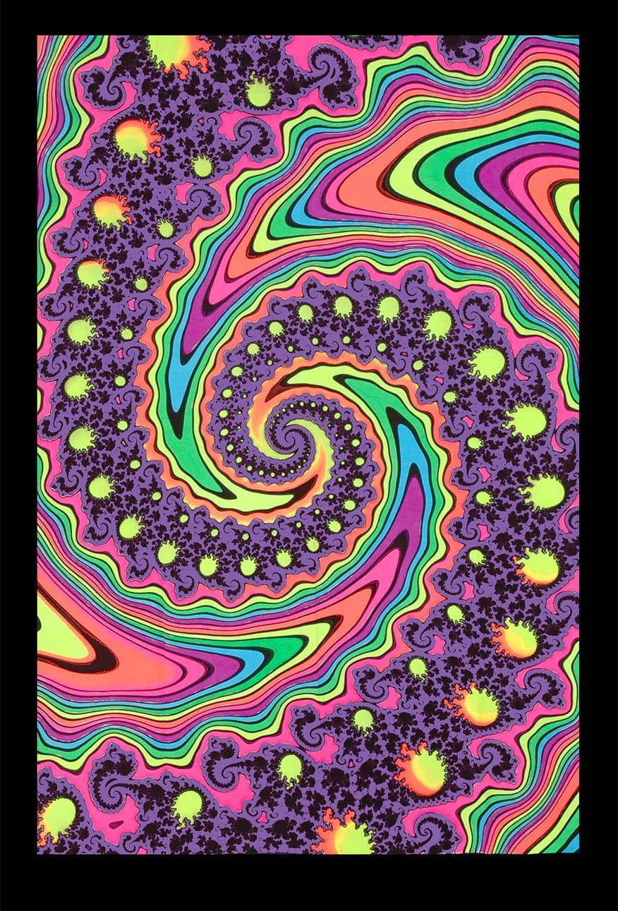 Space Tribe Psychedelic Tapestry 'Fractal Spin' - Hand-Painted and Silkscreen Batik Wall-Hanging - UV Active Wall-Hanging -Trippy Wall Art - Black Light Active New Age Tapestry - Fantasy Tapestry