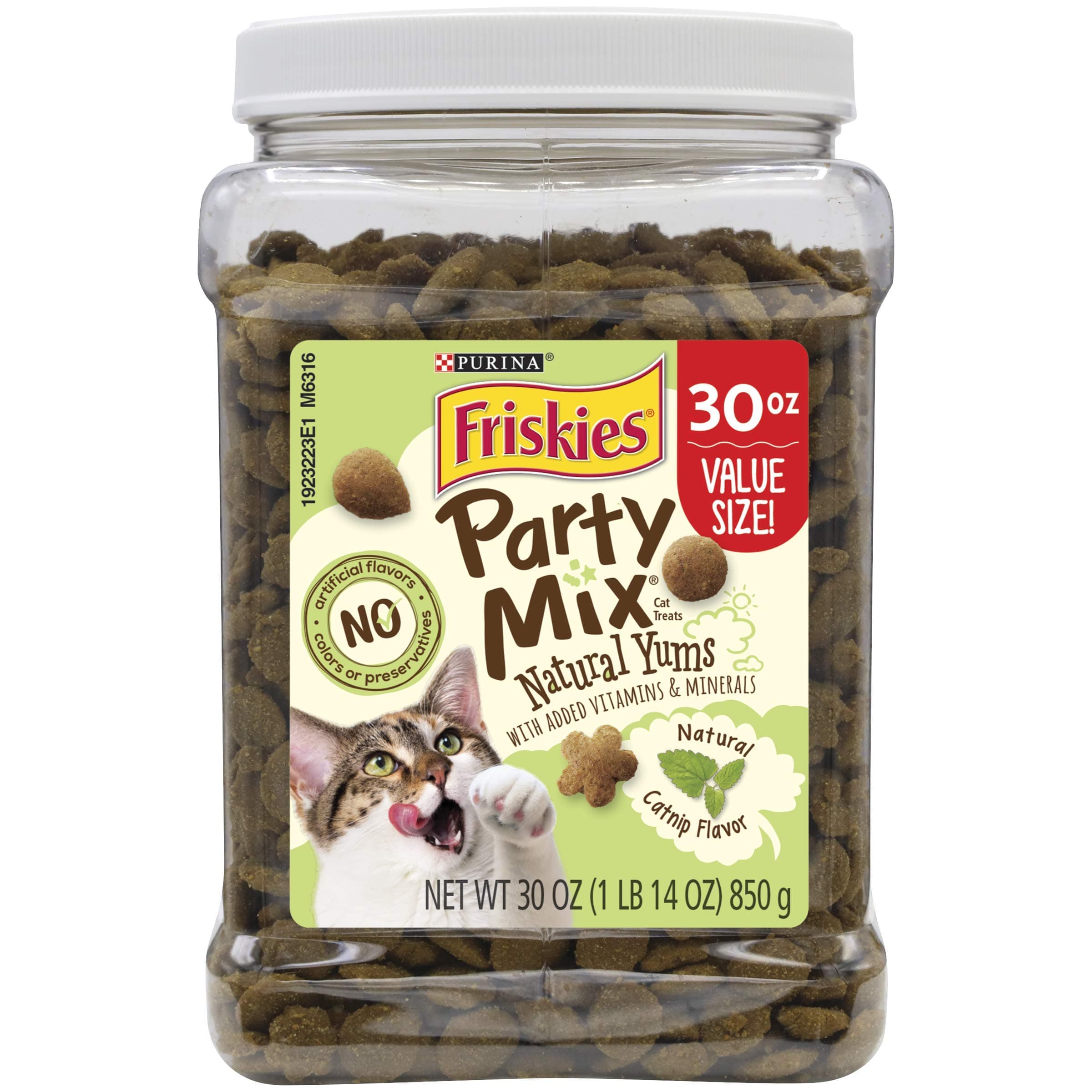 Friskies Purina Made in USA Facilities, Natural Cat Treats, Party Mix Natural Yums Catnip Flavor - 30 oz. Canister