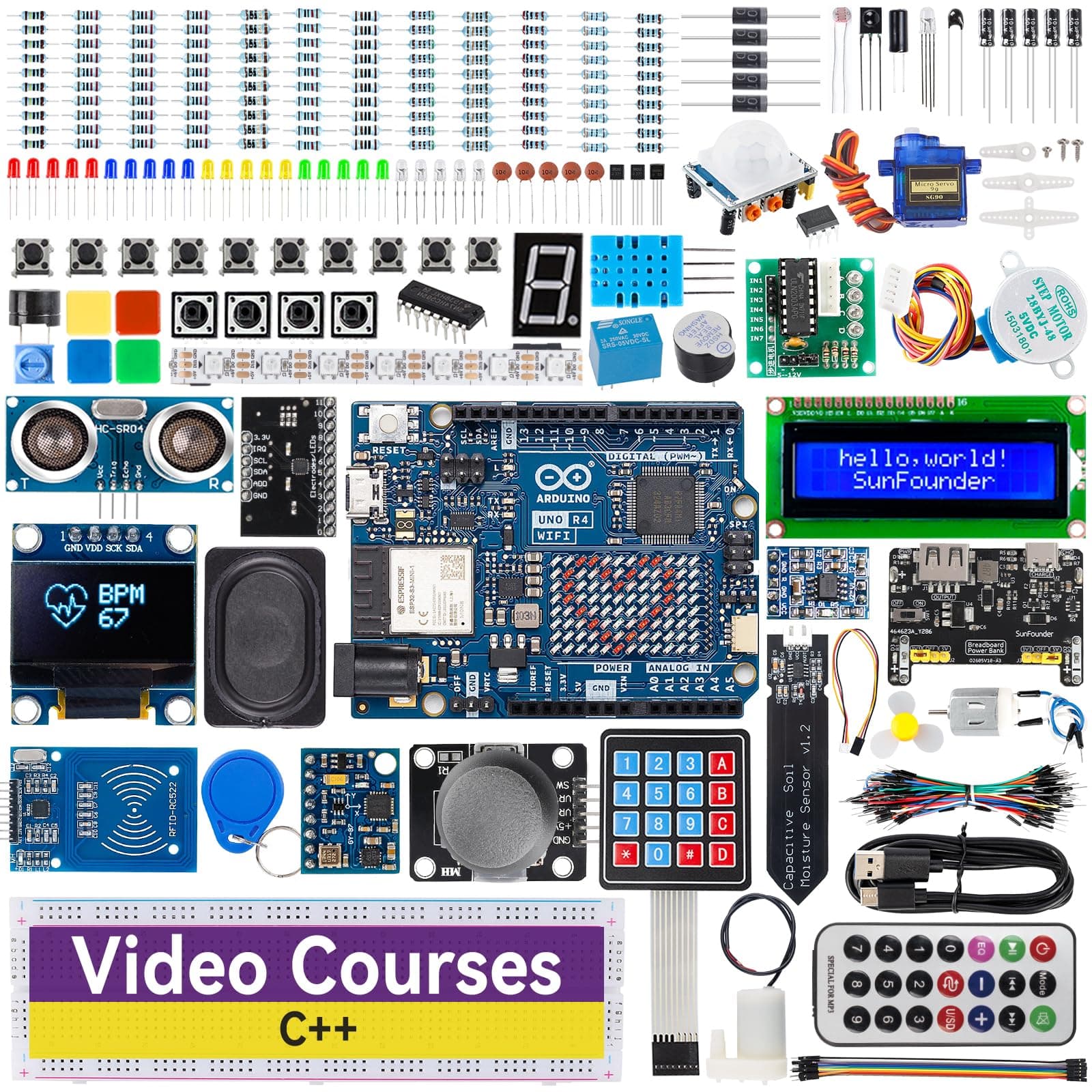 SunFounder Elite Explorer Kit - Original Arduino Uno R4, RoHS Compliant, Bluetooth IoT, Super Starter Kit, Rechargeable Battery, Technical Support, Online Tutorial (Japanese) & Video Course (English) (for Beginners & Engineers)