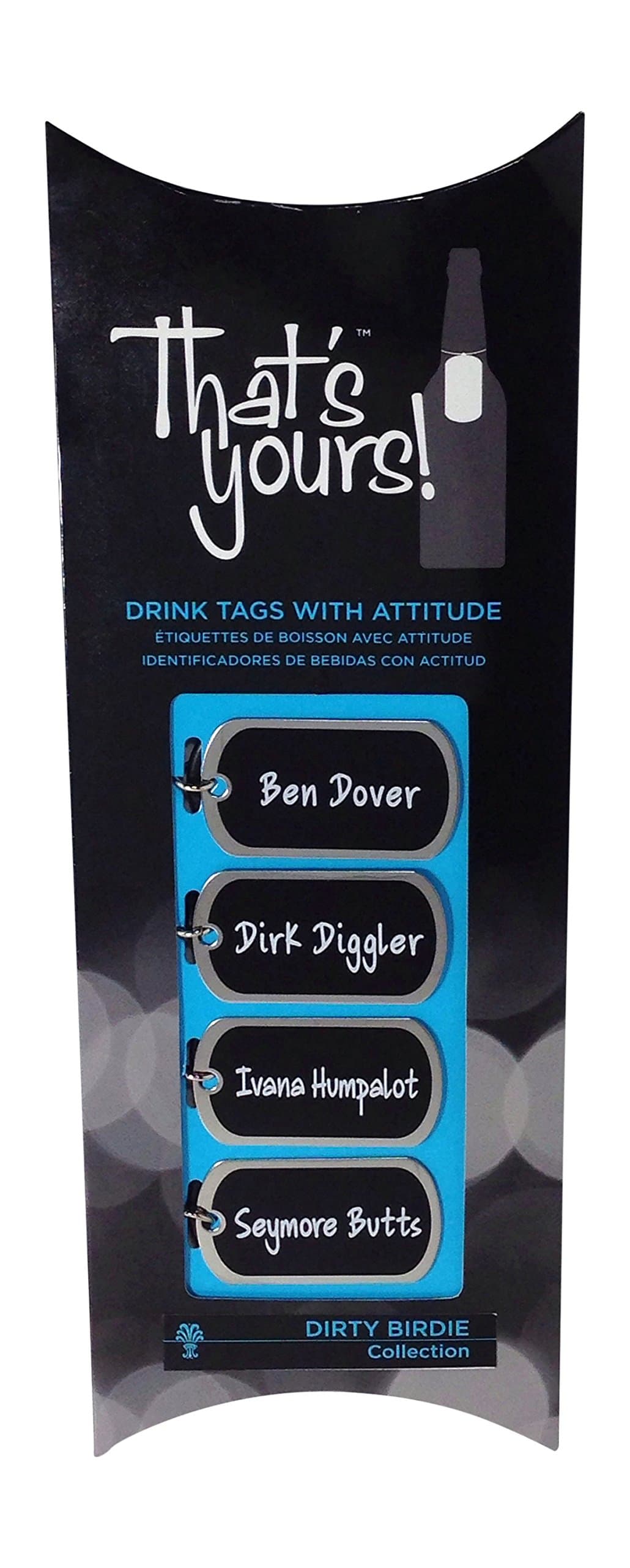 That's Yours"Dirty Birdie" Bottle Drink Tag Packaged Collection, Black/White, Set of 4