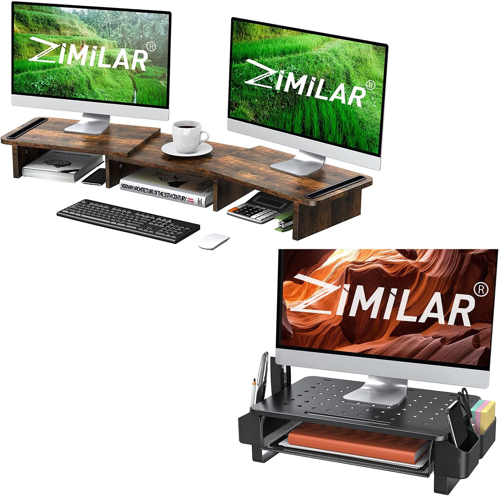 Zimilar Dual Monitor Stand Riser, Monitor Stand with Adjustable Length and Angle, Wood Monitor stand+Zimilar Monitor Stand Riser with Drawer, Monitor Riser with Side Storage Pockets