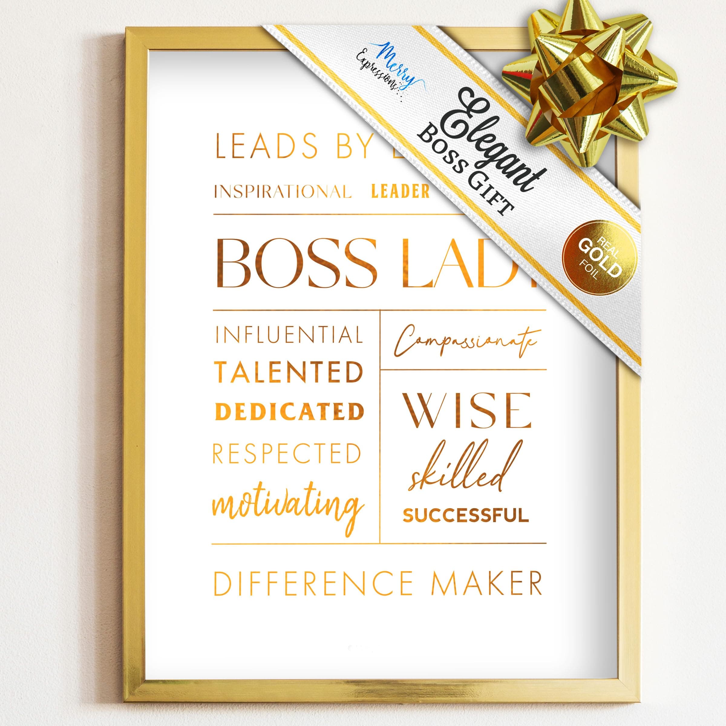 Merry Expressions Boss Lady Desk and Wall Art with Metal Frame - Office Décor, Boss Lady Gift with Quote - Gold 12" x 9"
