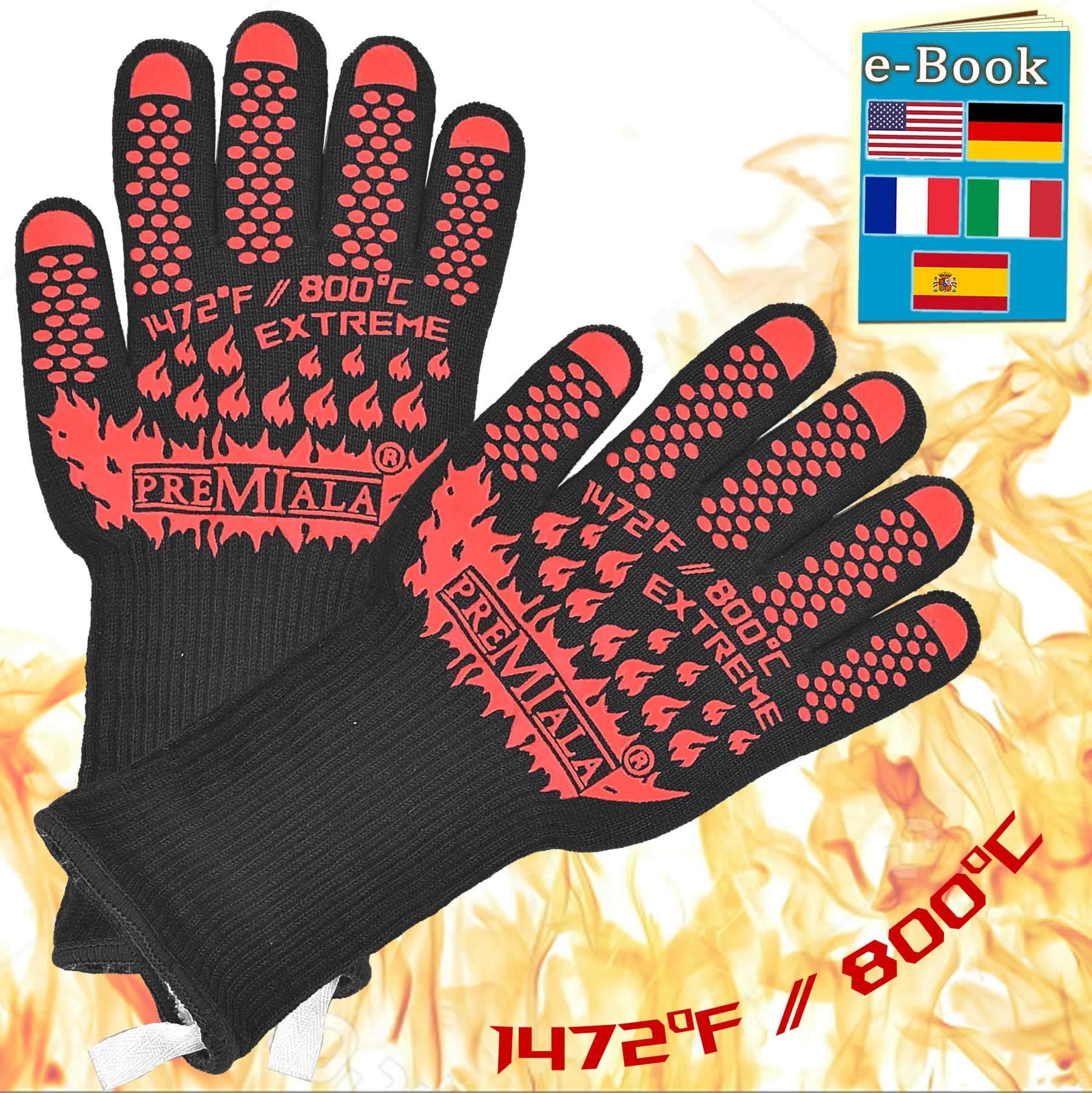 Amazing BBQ Gloves - 800C Extreme Protection! Long cuff and ultra-comfort makes grilling a breeze! EN407-rated Kevlar protection, best oven mitts for grilling, baking, charcoal (Large)