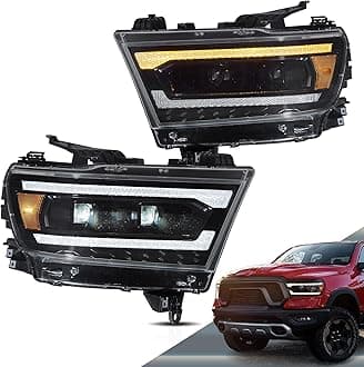 VLAND Projector Headlights Compatible with Dodge RAM 1500 New Body(NOT fit Classic Models) 2019-2023 5th Gen w/Dynamic Animation Running Light Bar w/Switchback Sold as a PAIR, Amber Reflector