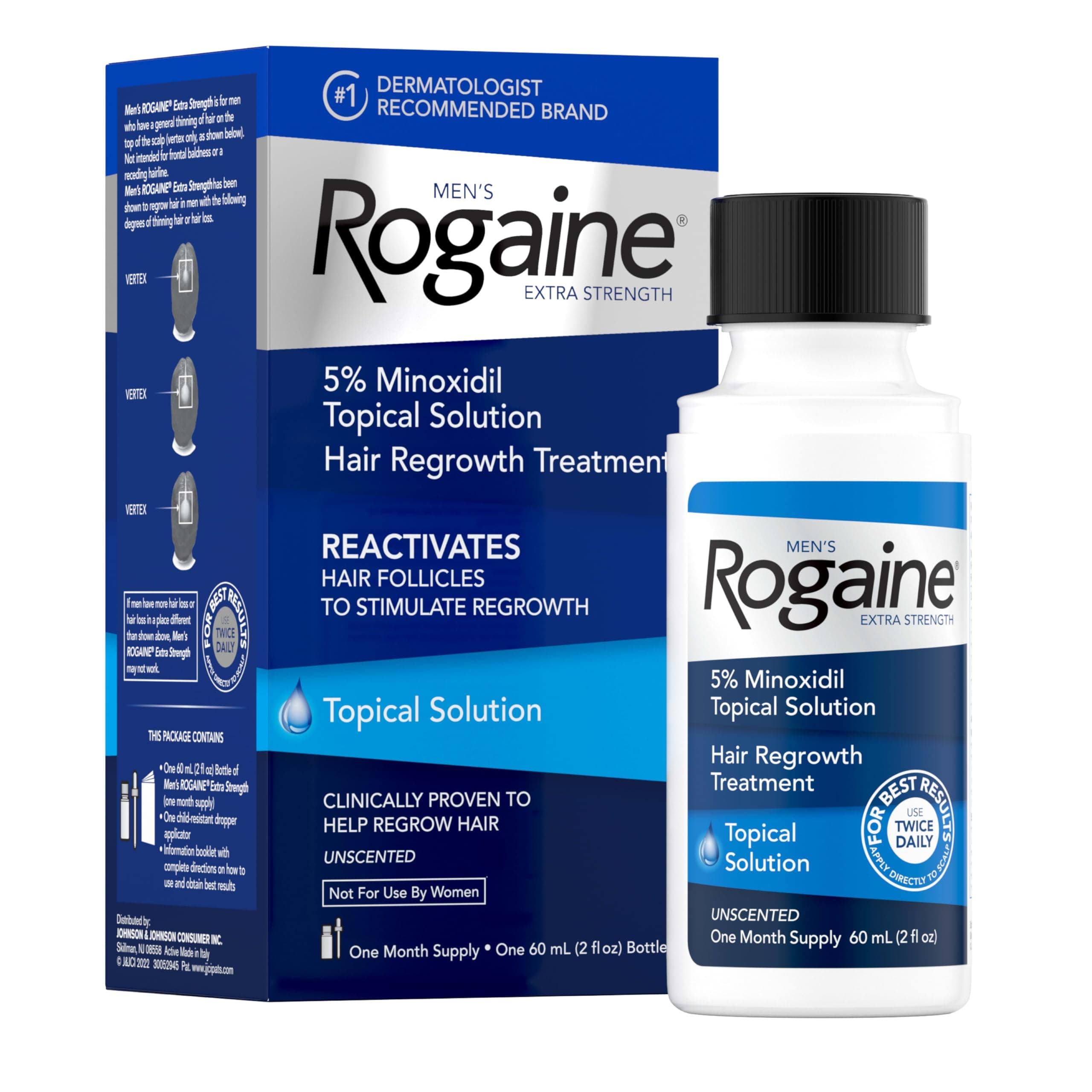 Men's Rogaine Extra Strength 5% Minoxidil Topical Solution for Hair Loss & Regrowth, Topical Treatment for Men, Unscented Minoxidil Follicle Booster Liquid, 1-Month Supply, 2 fl. oz