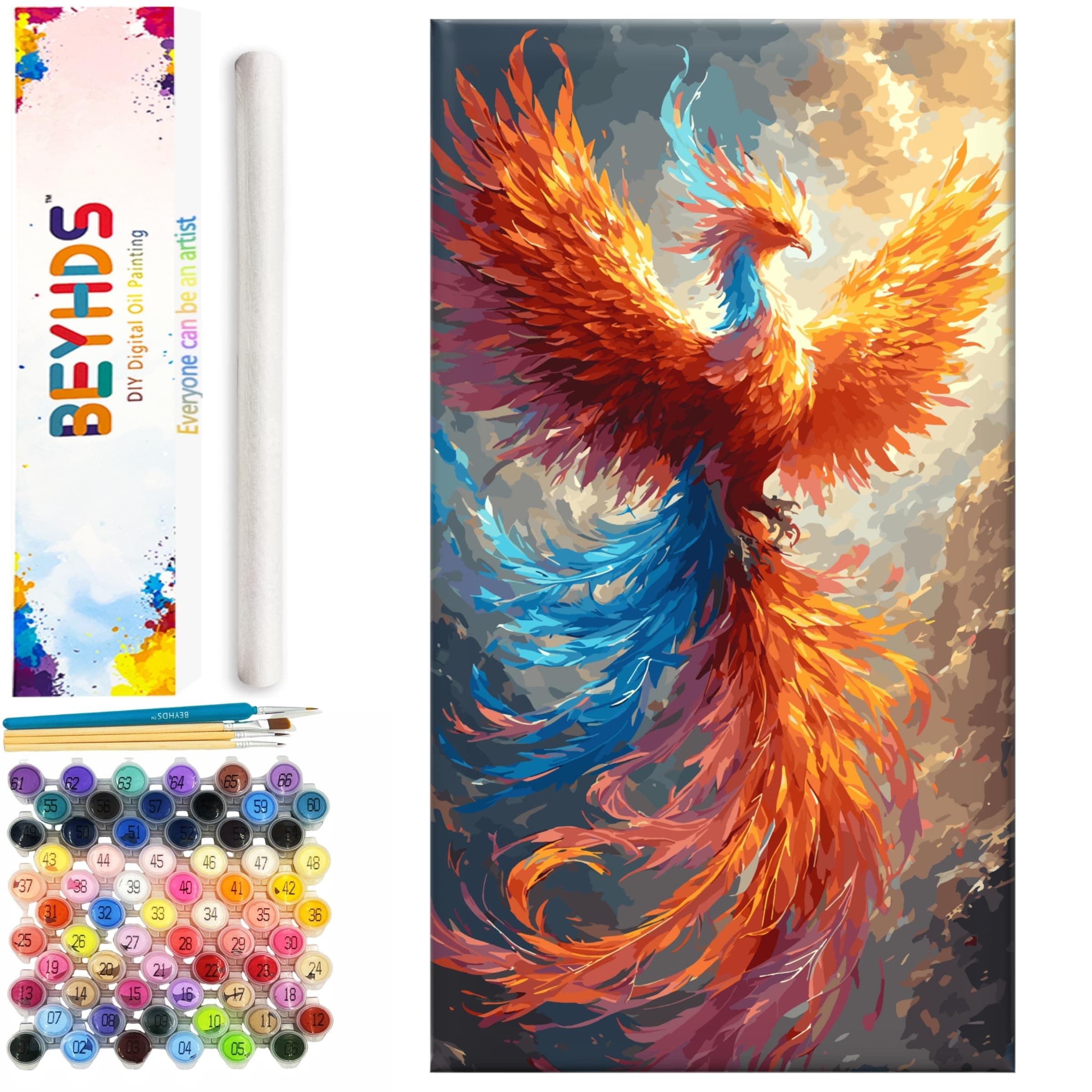 BEYHDS Professional Digital Oil Painting Set (Unframed) with Brushes and 63 Pieces of Acrylic Paint - 16 inches * 28 inches Large, Fire Phoenix (BEYDW071)