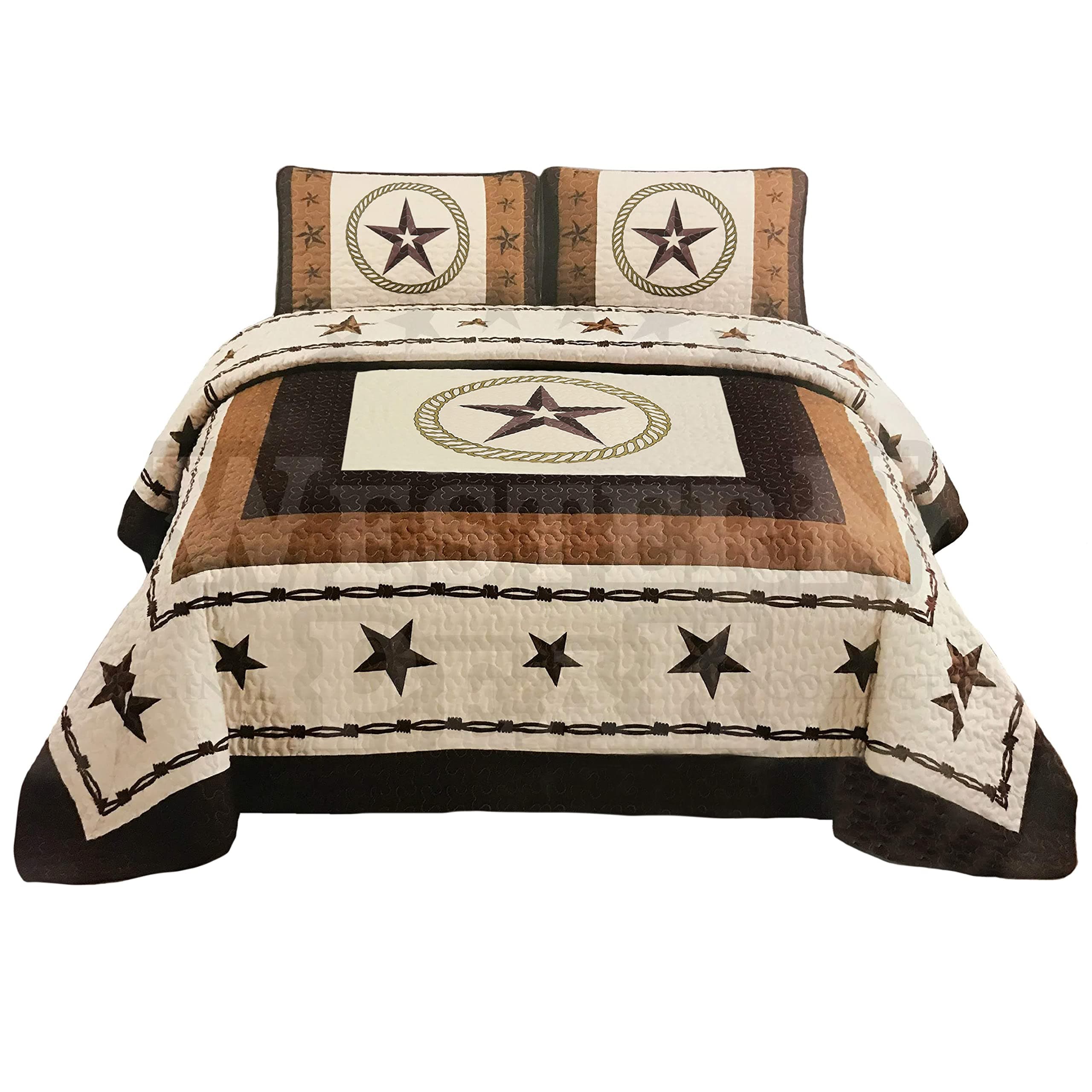 Western Peak 3 Piece Western Texas Star Barb Wire Style Quilt Bedspread with Pillow Shams (Beige, King)