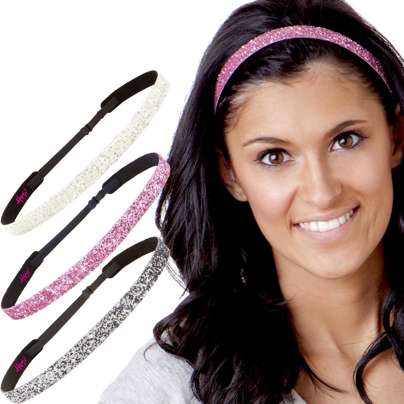 Hipsy Women's Adjustable NO SLIP Bling Glitter Headband Mixed Pack (L. Pink/Gunmetal/White)
