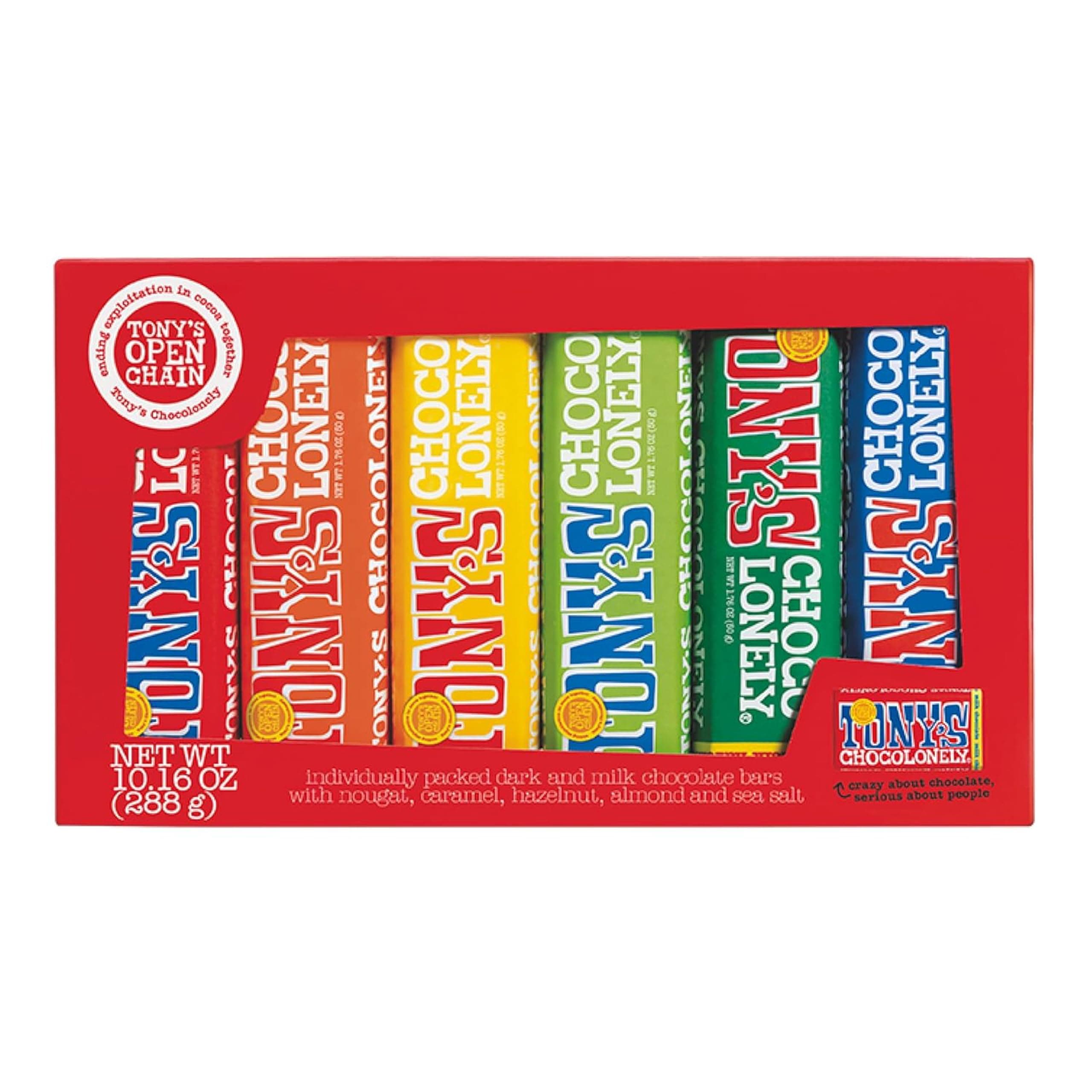 Tony's Chocolonely Chocolate Bar Assortment Pack - Milk, Dark, Nougat, Caramel, Hazelnut, Almond and Sea Salt - 6 Individually Wrapped Bars