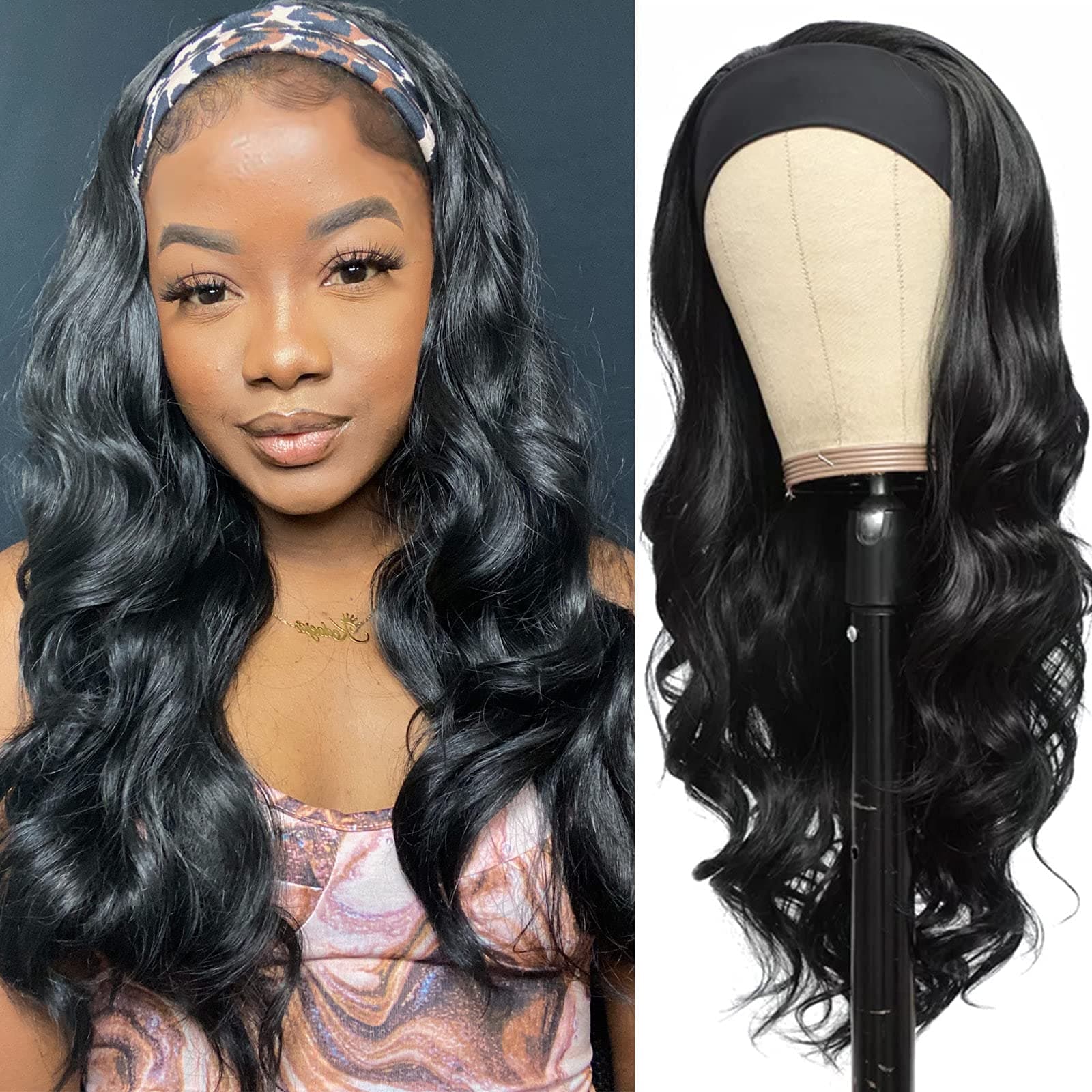 Glueless Headband Wig Synthetic Long Black Body Wave Headband Wigs for Black Women Natural Looking Wavy Wig Heat Resistant 180% Density(26inch, 1B#)