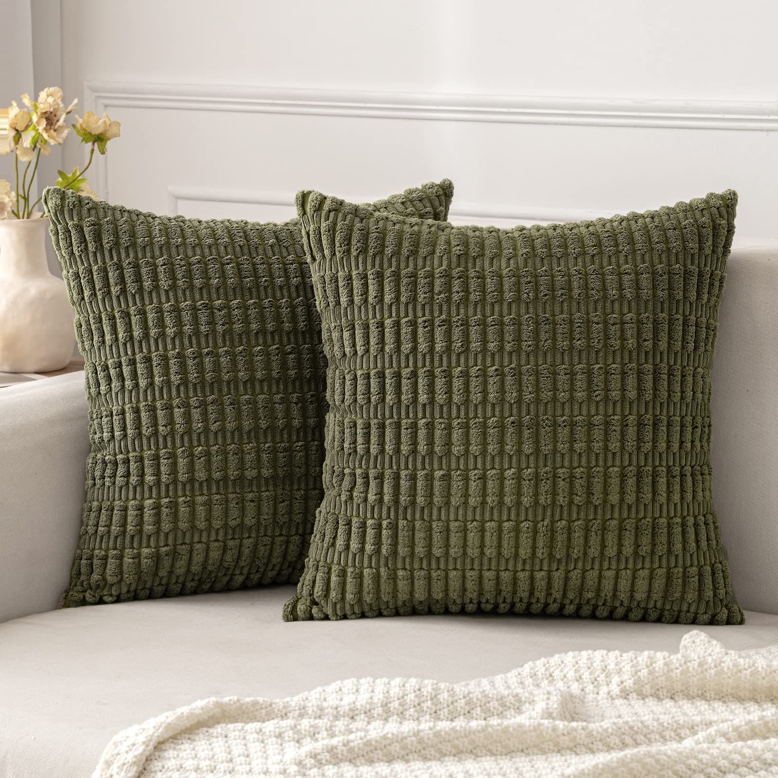 MIULEEPack of 2 Corduroy Decorative Throw Pillow Covers 18x18 Inch Soft Boho Striped Pillow Covers Modern Farmhouse Home Decor for Summer Sofa Living Room Couch Bed Olive Green