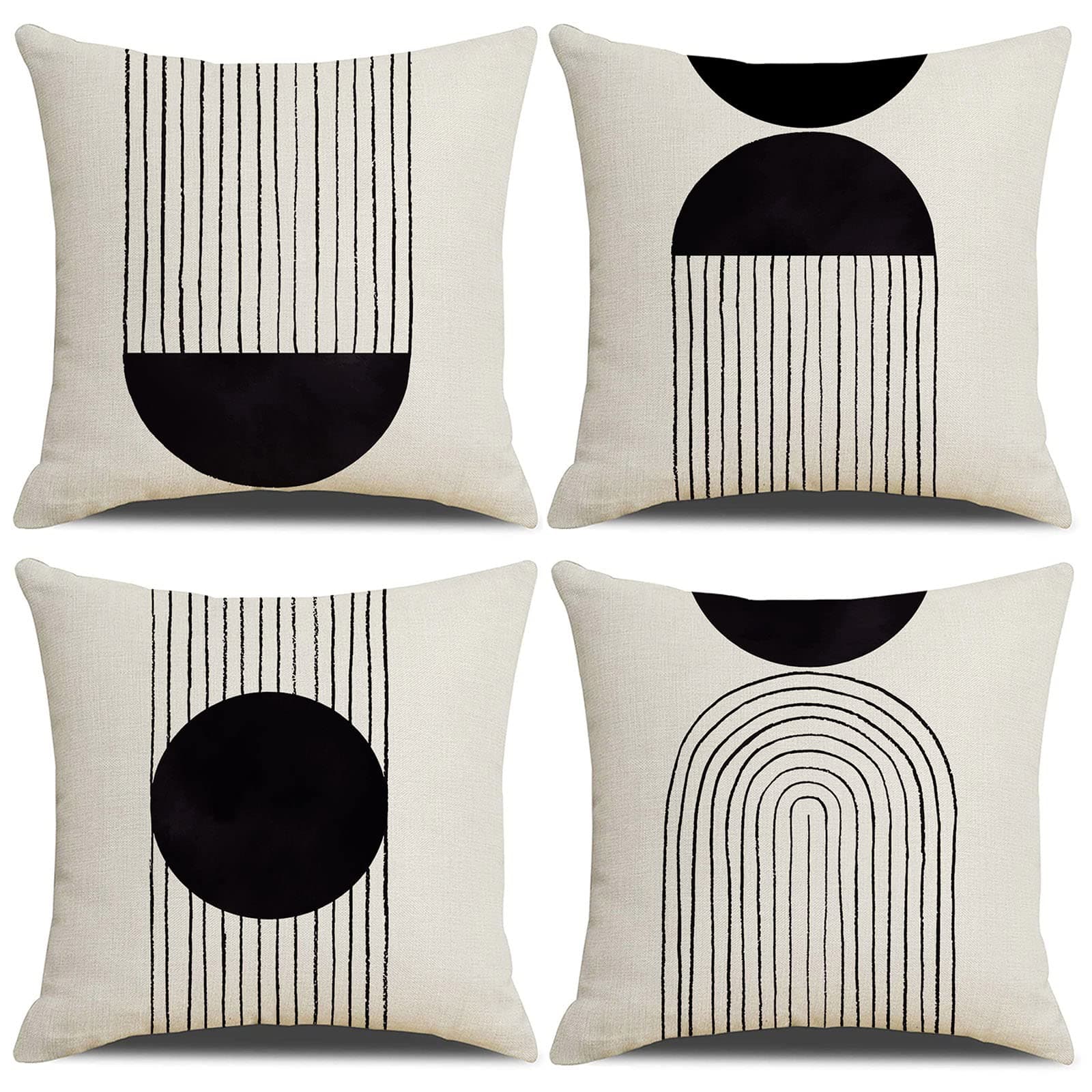 IcosaMro Black and White Throw Pillow Covers 18x18 Set of 4 Boho Throw Pillow Cover Beige Mid Century Modern Arch Sun Decor Decorative Bohemian Cotton Linen Cushion Case