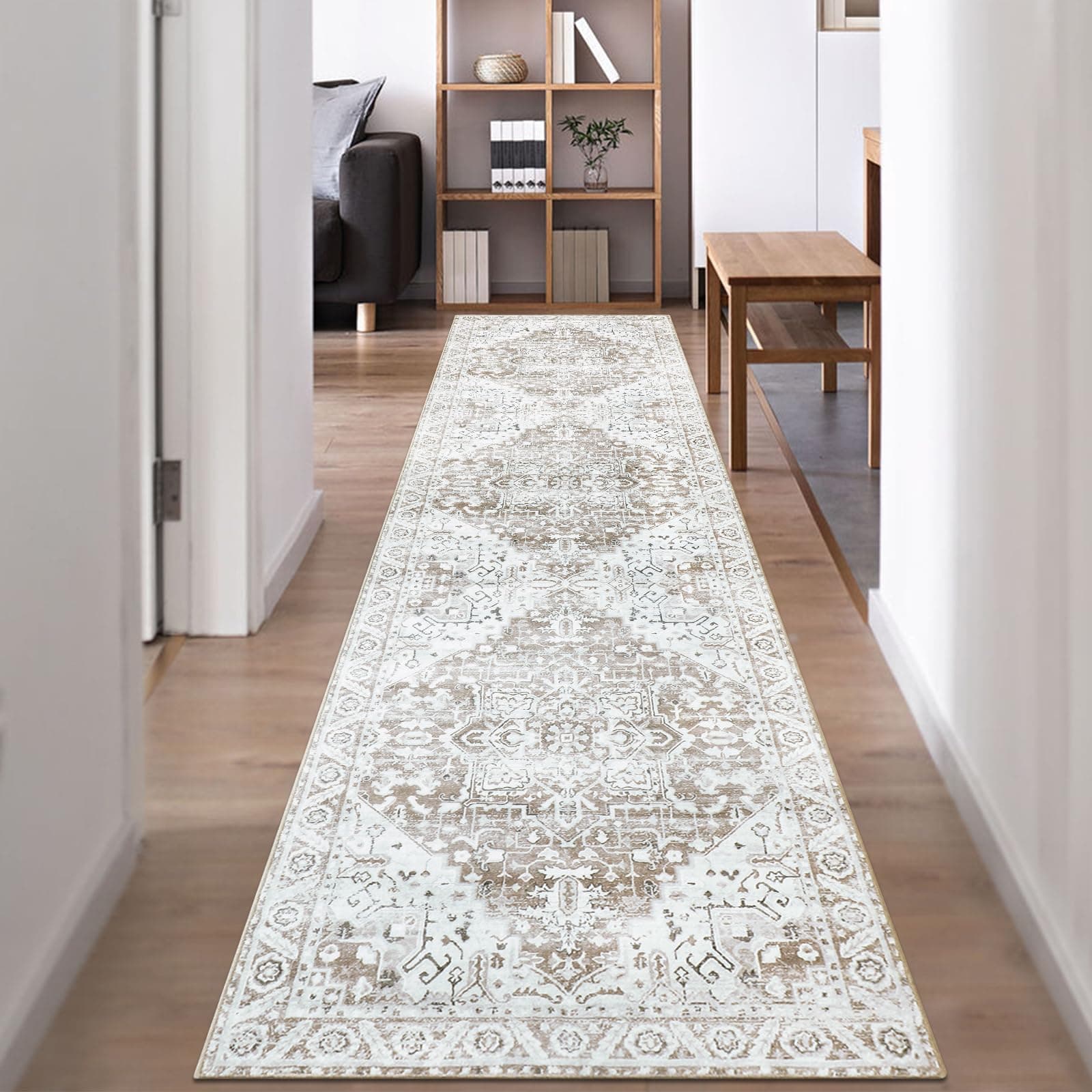 Famibay Hallway Runner Non Slip Runner Rugs for Hallway 60x300cm Extra Long Washable Beige Brown Vintage Kitchen Hall Carpet Floor Rugs for Entryways Bedroom Laundry
