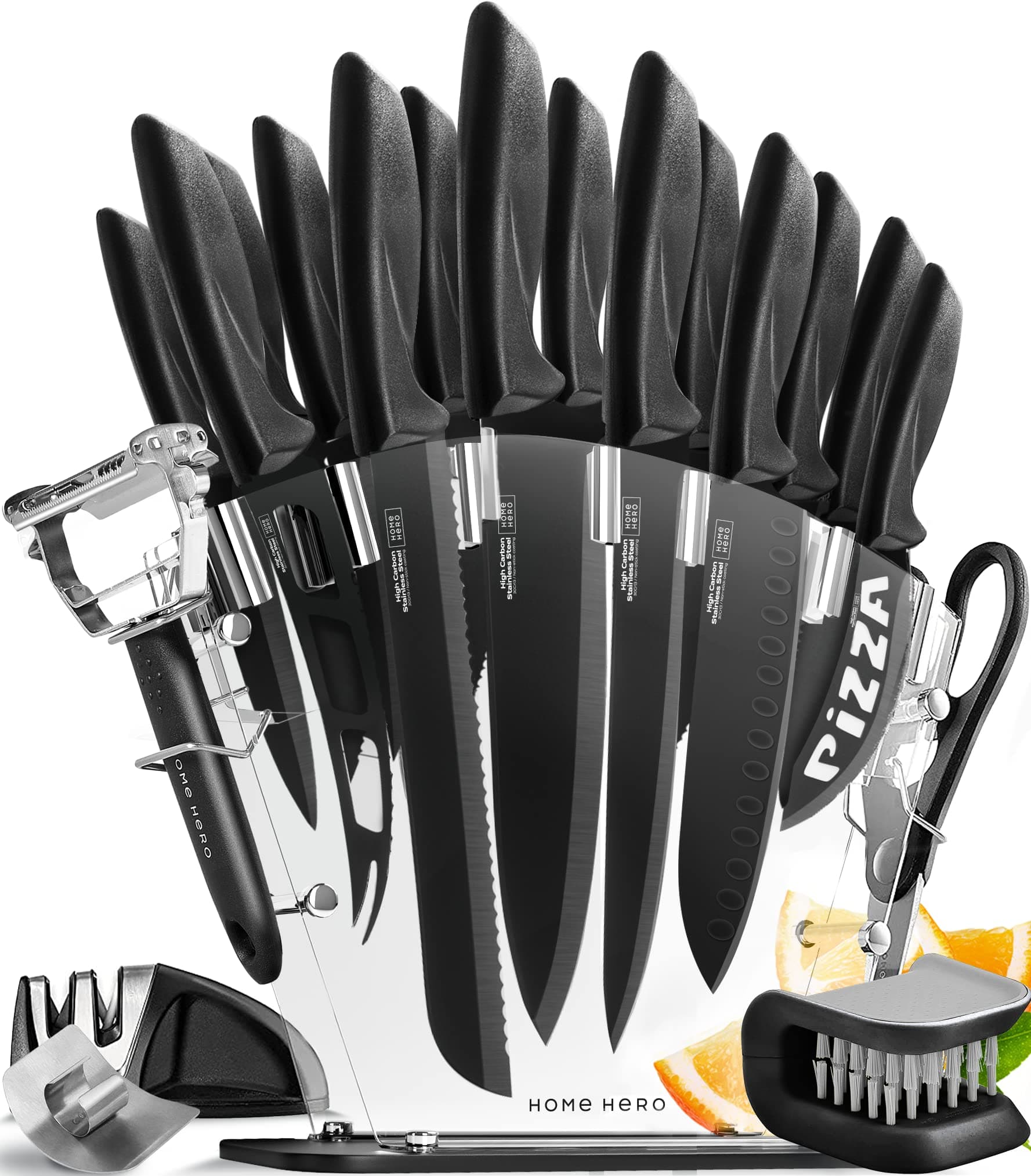 Stainless Steel Knife Set with Block - 13 Kitchen Knives Set Chef Knife Set with Knife Sharpener, 6 Steak Knives, Bonus Peeler Scissors Cheese Pizza Knife & Acrylic Stand - Best Cutlery Set Gift