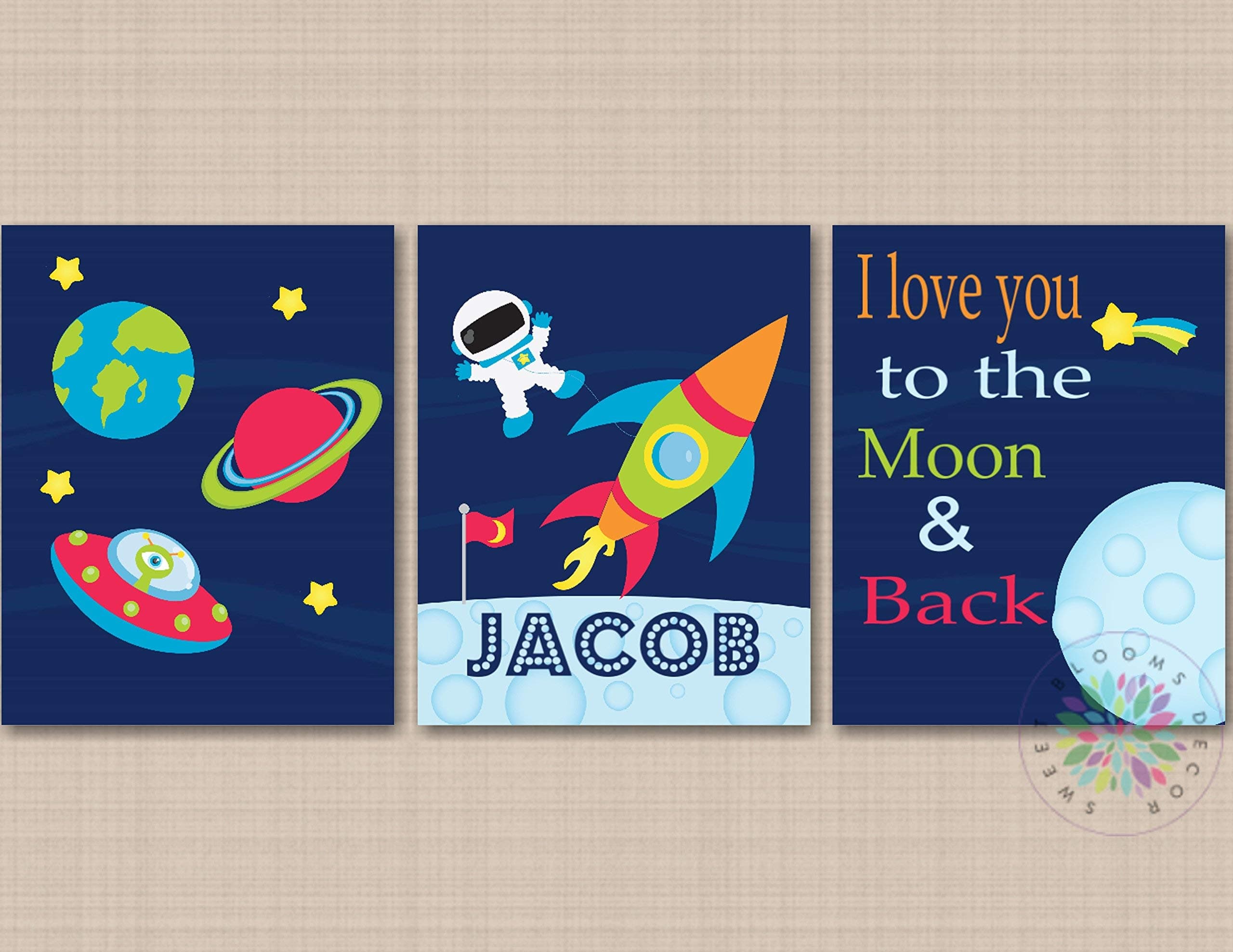 Space Kids Bedroom Wall Art Astronaut Outer space Planets Rockets Name Sign I l Love You To The Moon and Back UNFRAMED 3 PRINTS (NOT CANVAS) C661