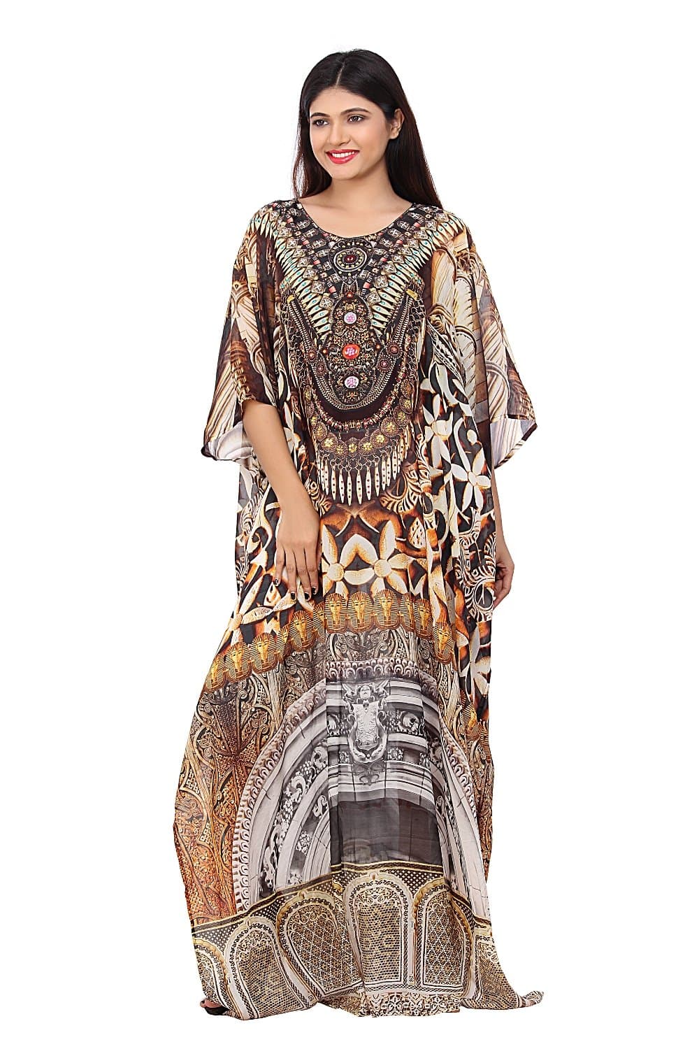Silk kaftan Embossed Artistic Tribal Geometric Printed Maxi with Embroidered Beaded Round Neck 185