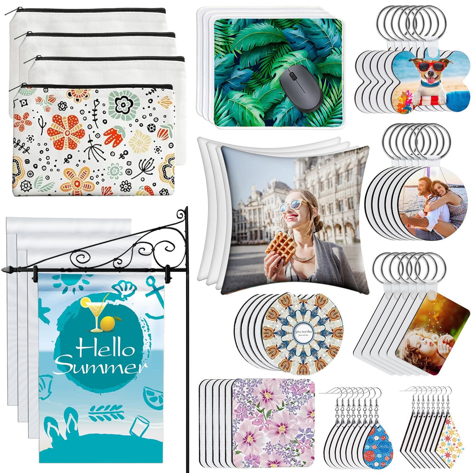 114Pcs Sublimation Blanks Products, Sublimation Blanks Set Including DIY Blank Makeup Bag, Keychain, Earring, Pillow Cover, Mouse Pad, Coaster, Garden Flag for Sublimation Transfer Easter Craft