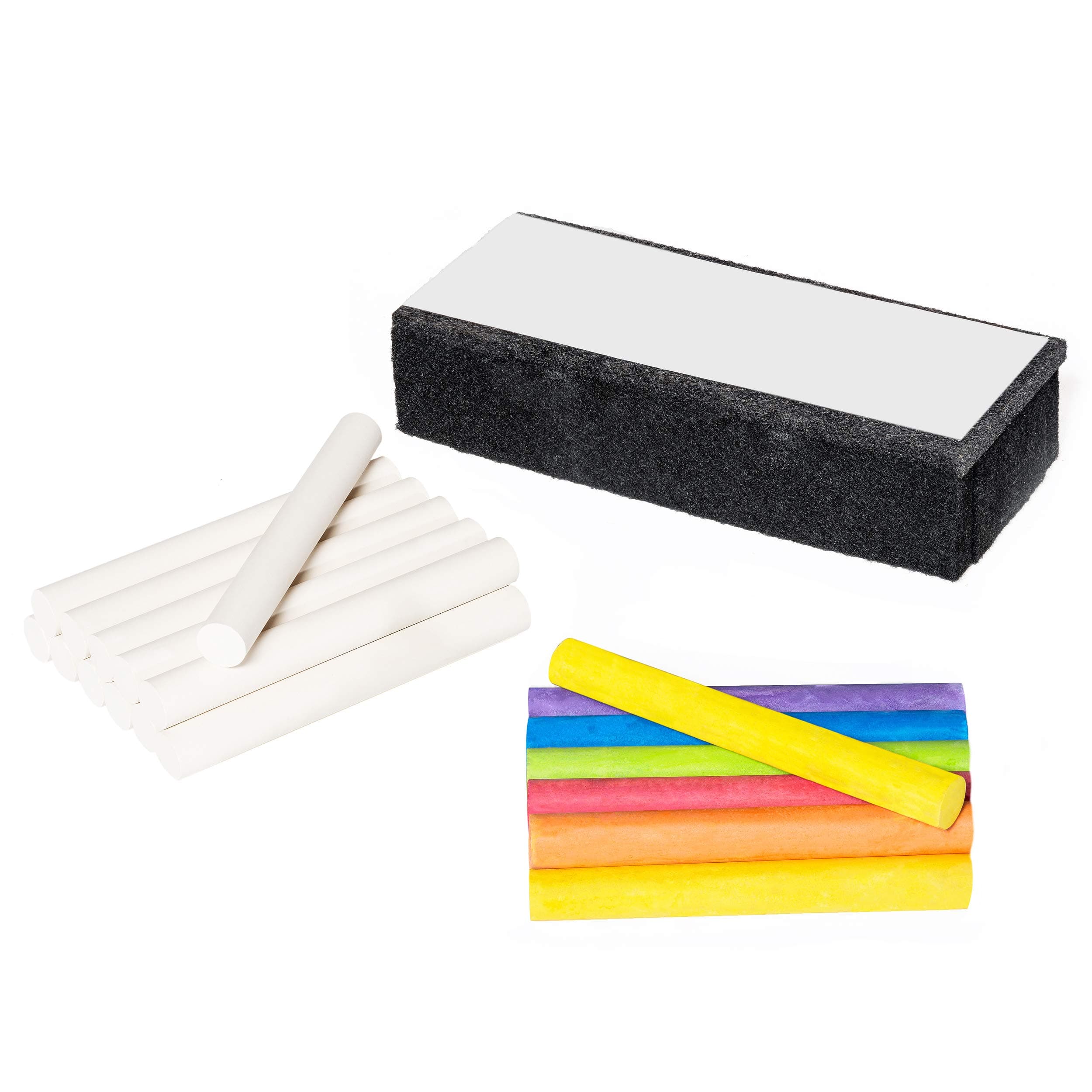Chalk, Non-Toxic Dustless Chalk - 12 White, 12 Colored - With Chalkboard Chalk Eraser - Fun Value Set (White & Colored Chalk)