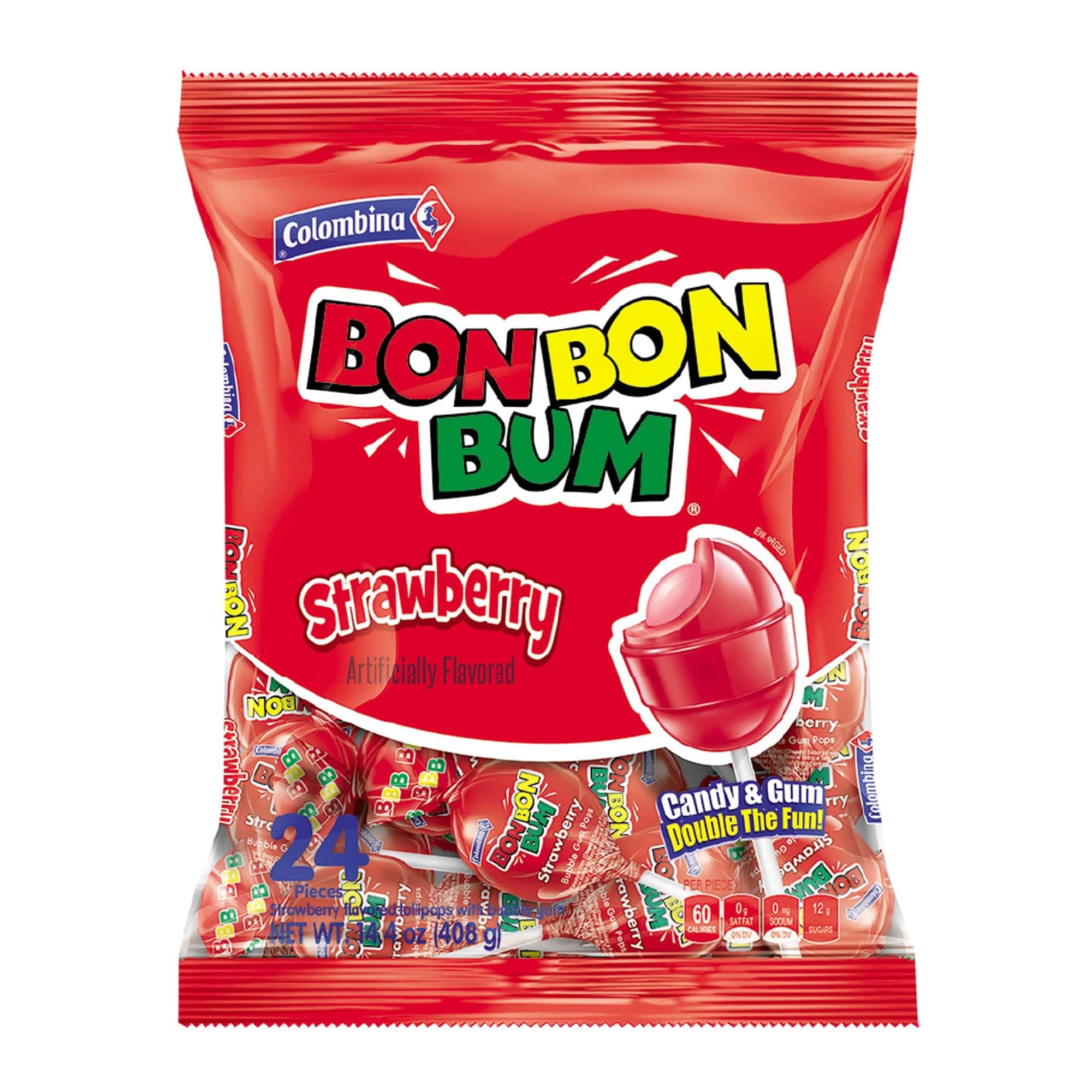 Bon Bon Bum Strawberry Lollipops Fruit Hard Candy, Individually Wrapped Sweet Strawberry Pops, 24 Count