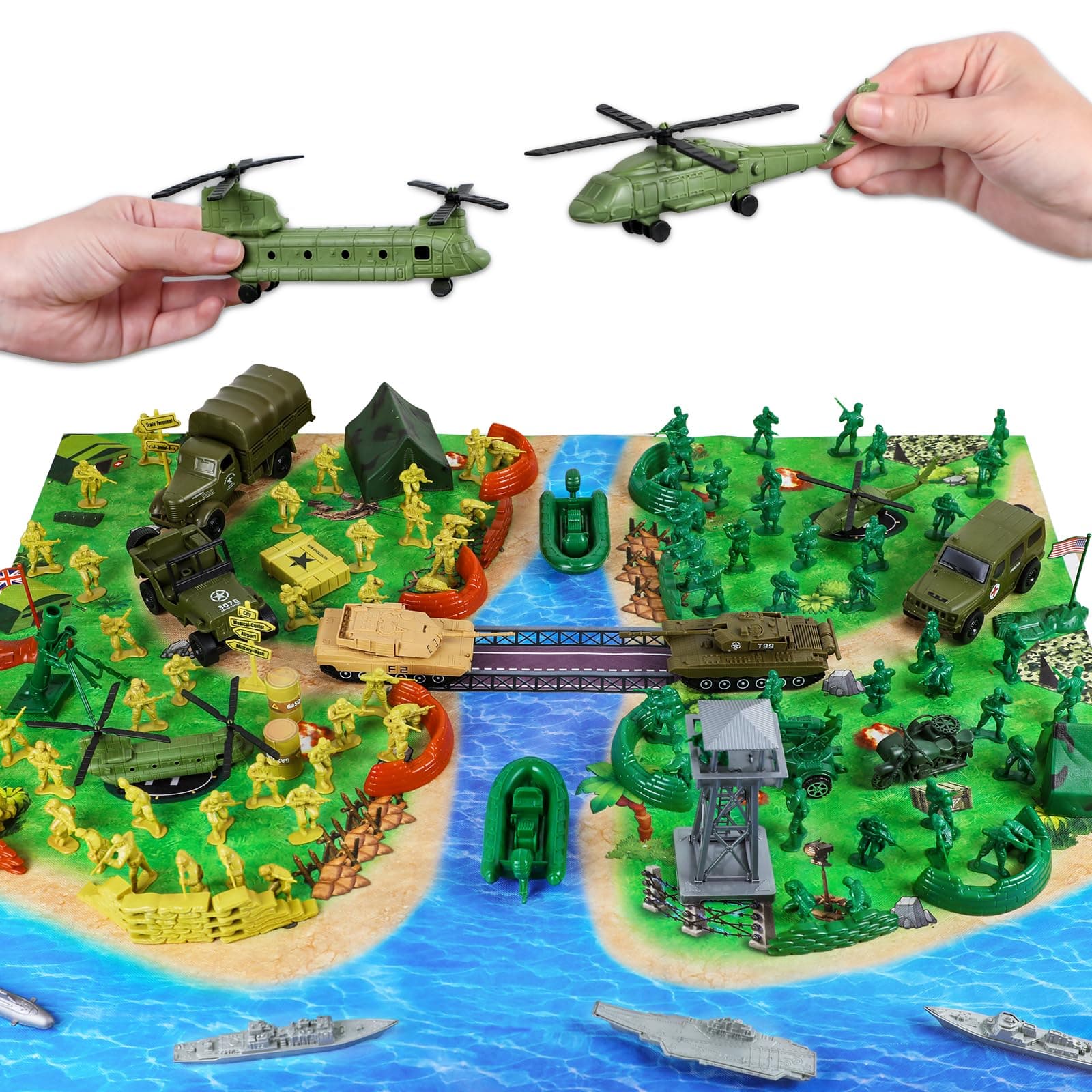 Army Men Military Toys for Boys Age 3-12, 124 Pcs Plastic Army Men Playset - Army Men Action Figures with Toy Soldiers, Boats, Tanks, Helicopters and Battleships - Birthday Gift for Kids