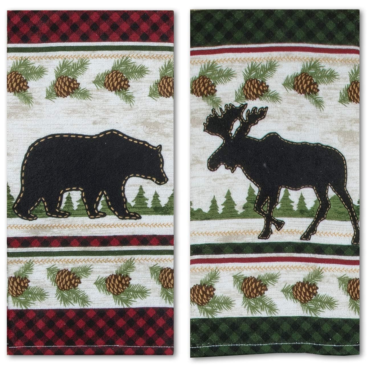Woodland Moose Bear Kitchen Terry Towel 2-PC Set Mountain Cabin Green Red Buffalo Check
