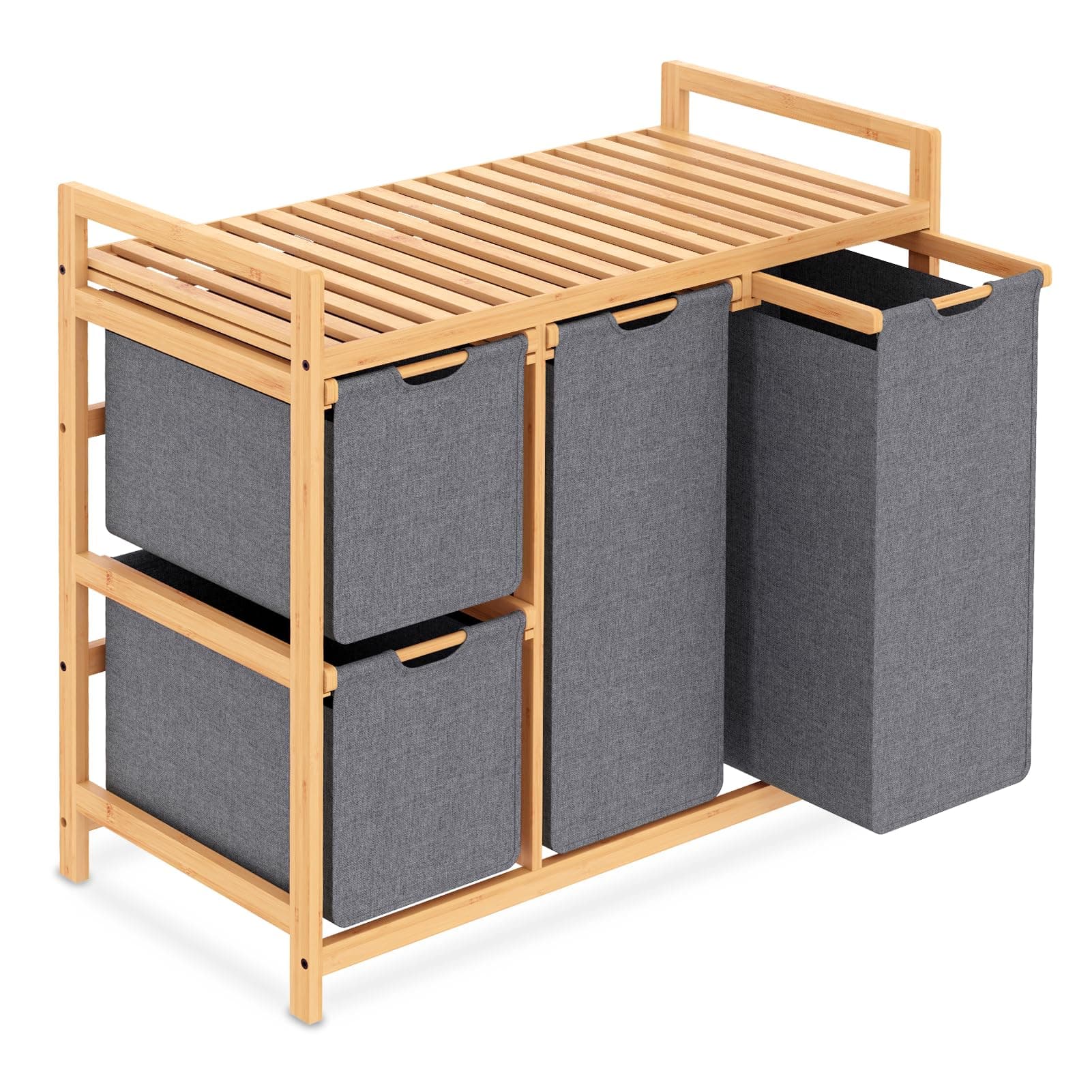 iEGrow Laundry Basket 3 Compartment with Shelf, Bamboo Laundry Basket on Wheels, 3*50L Pull-Out Laundry Bags, Grey Laundry Sorter Organizer 3 Section Laundry Hamper for Bedroom Bathroom, Laundry Room