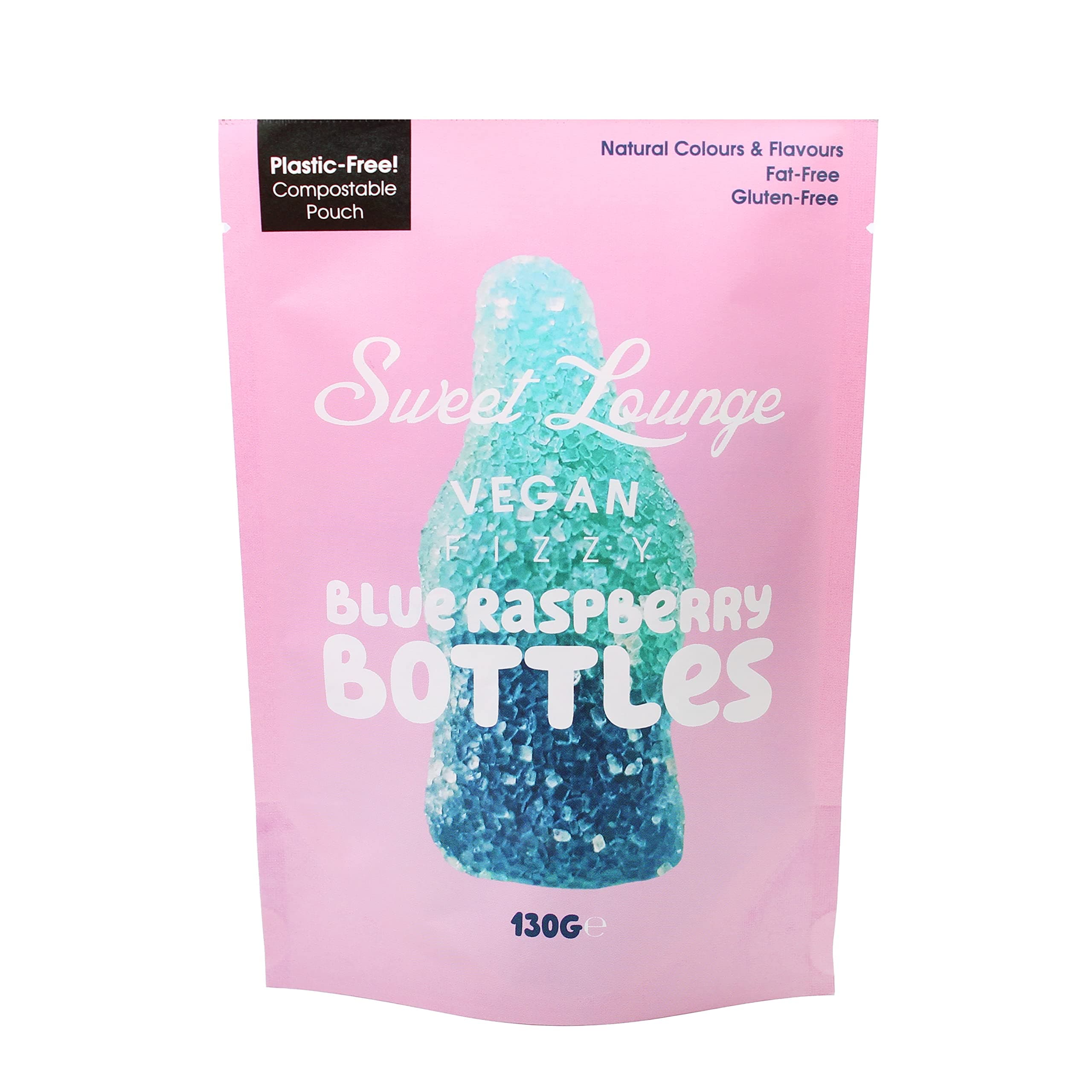 Sweet LoungeVegan Fizzy Blue Raspberry Bottles | 1x 130g Pouch | Plastic free compostable packaging. Natural Colours & Flavours | Gluten-Free. Vegan. Share Bags (Fizzy Vegan Blue Raspberry Bottles)
