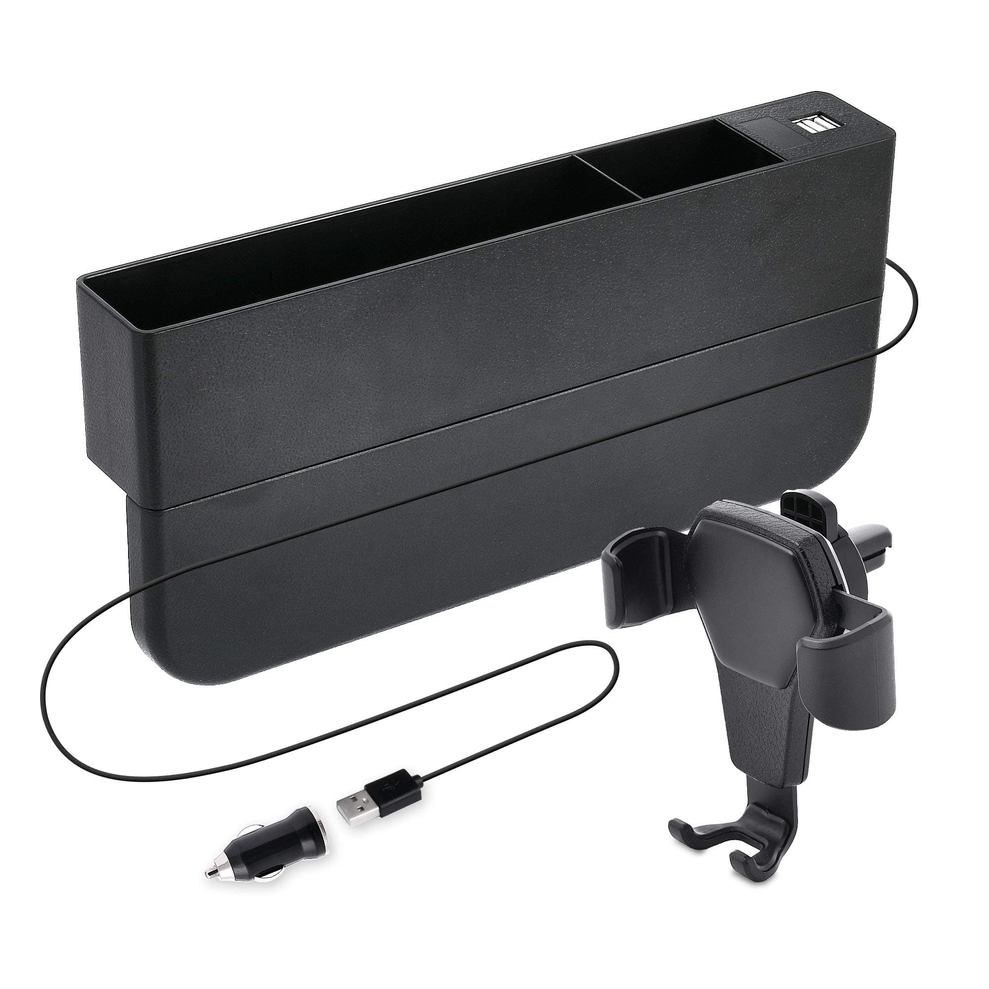 Paqrat Car Seat Gap Filler Organizer Bundle with Phone Mount for Car and USB Car Charger-Black | Car Organizer | Accessories for Car| Car Accessories Interior