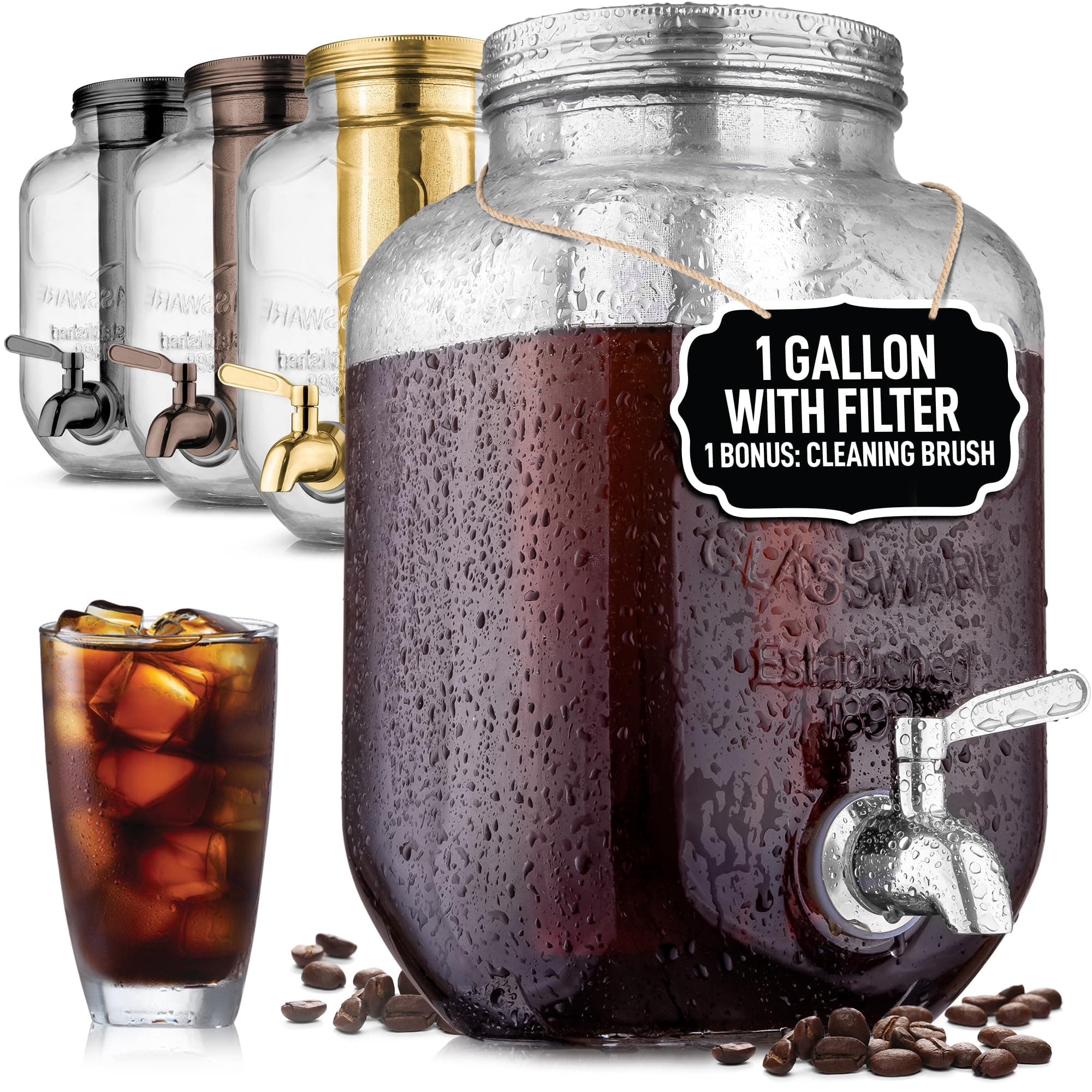 Zulay 1 Gallon/128oz Cold Brew Coffee Maker – Thick Glass Pitcher with Stainless Steel Filter, Lid & Spout – Large Mason Jar Container Dispenser - Iced Coffee & Sun Tea Brewer for Fridge – Silver