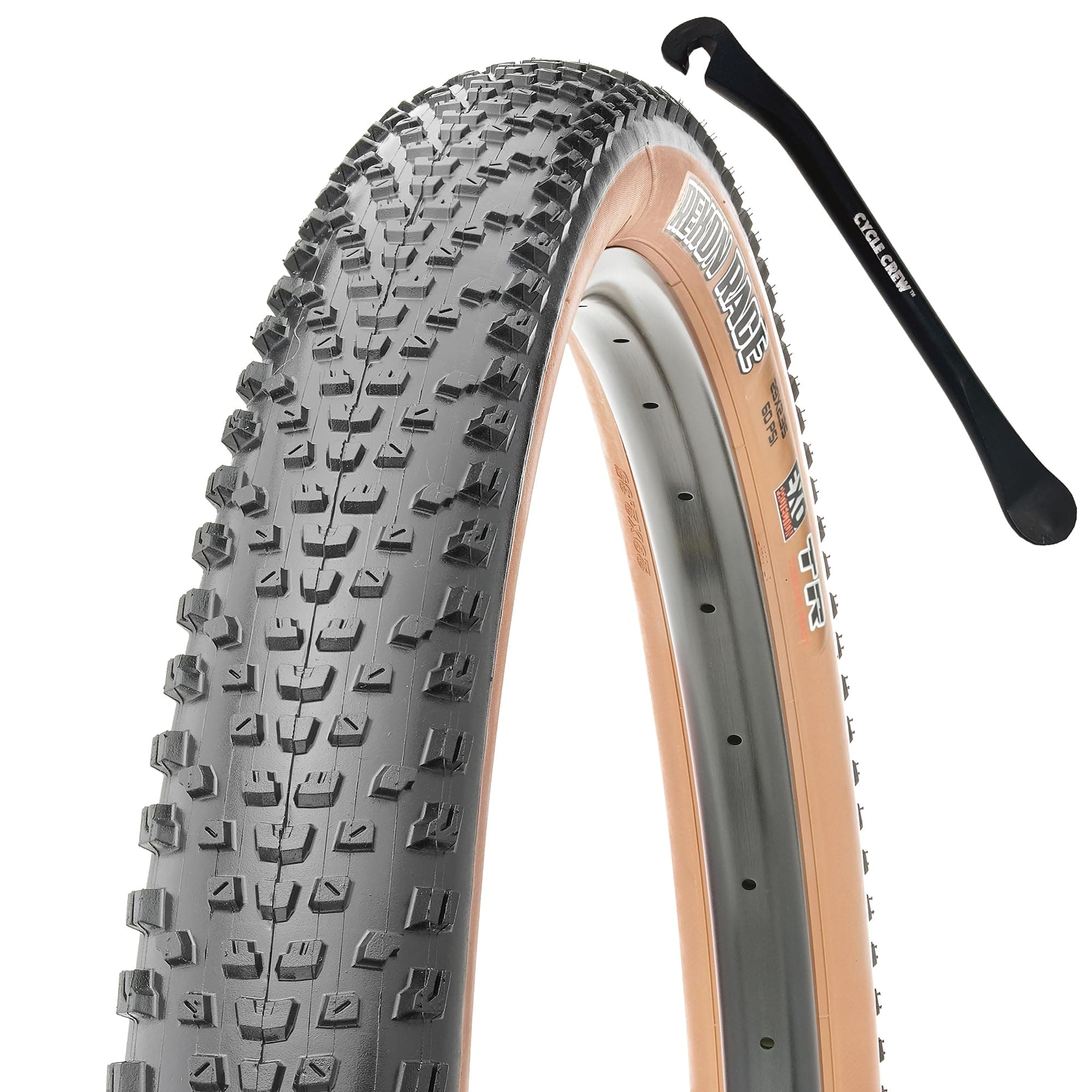 MAXXIS Rekon Race Mountain Bike Tire - Tan Sidewall - 27.5" & 29" - Bundle with Cycle Crew Tire Lever